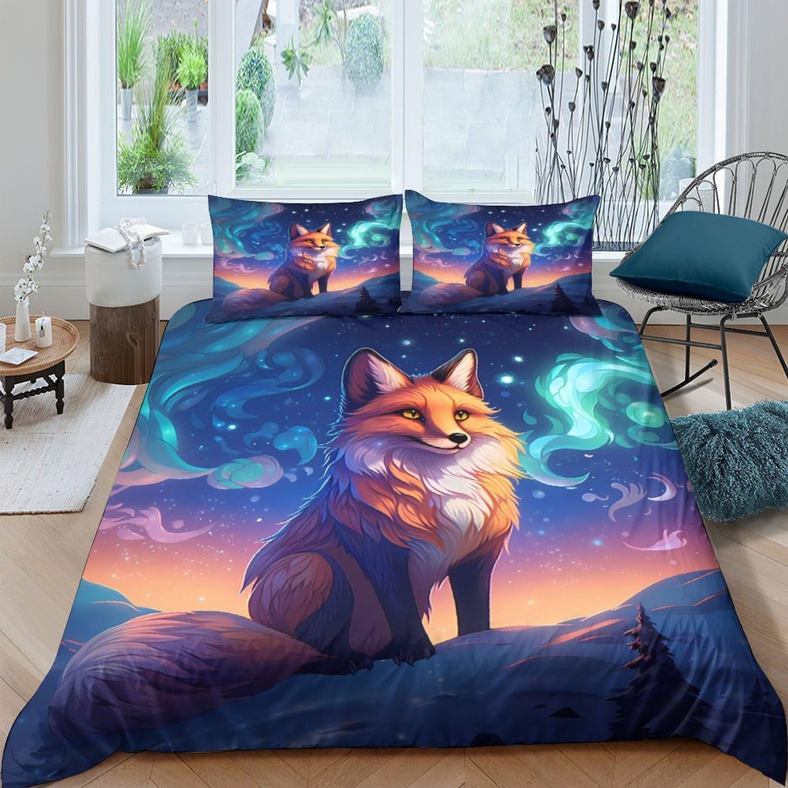 Ctjqhvkz Style-4 3D Printed Aurora Fox Fitted Sheet Microfiber Soft Breathable Sunset Forest Mattress Cover For Bedroom Dorm Decor Single（135X200cm）
