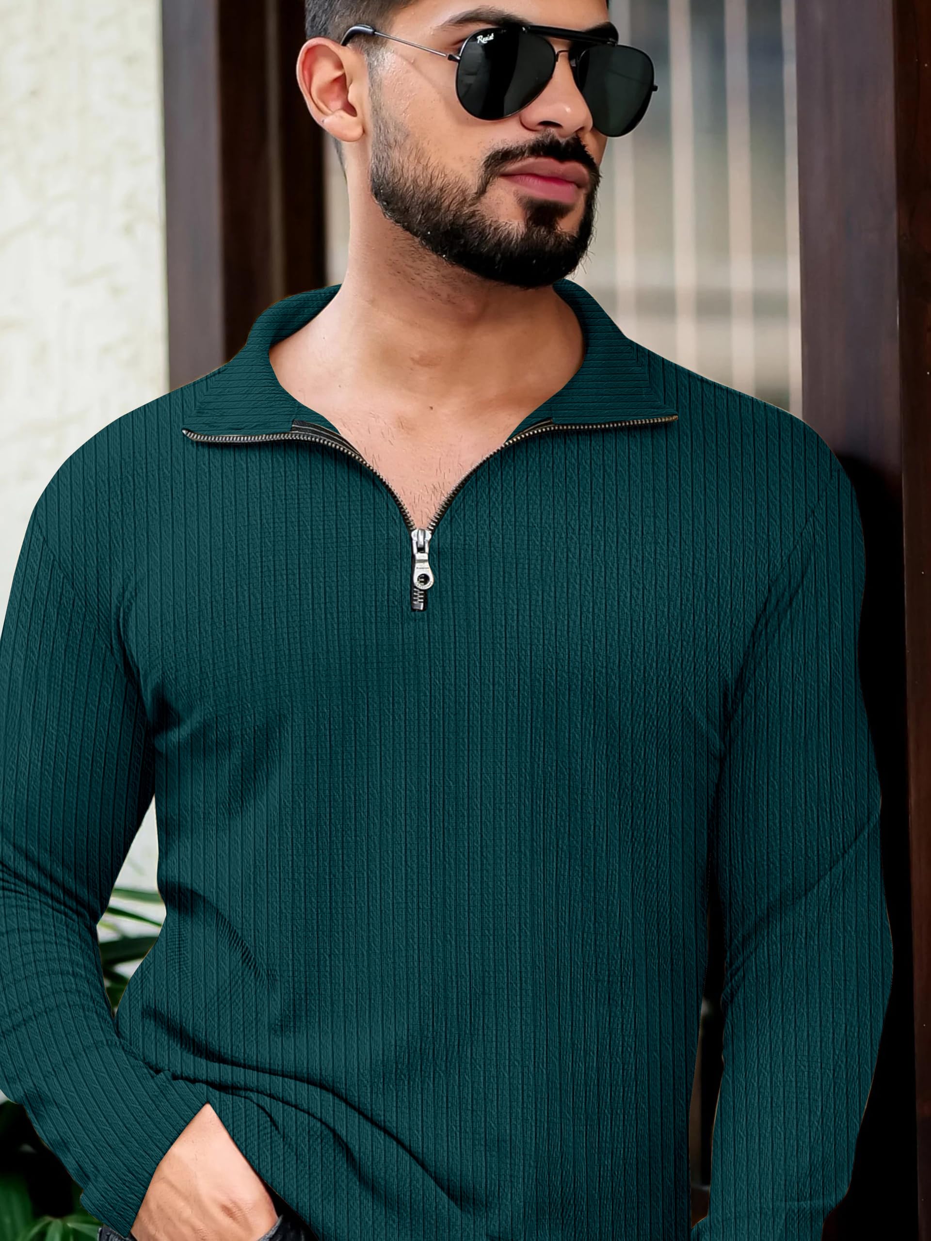 KAJARU Men's Quarter Zip Pullover T-Shirt, Cable Knit Pattern, Full Sleeve (in, Alpha, M, MOREPINCH) - Image 3 thumbnail