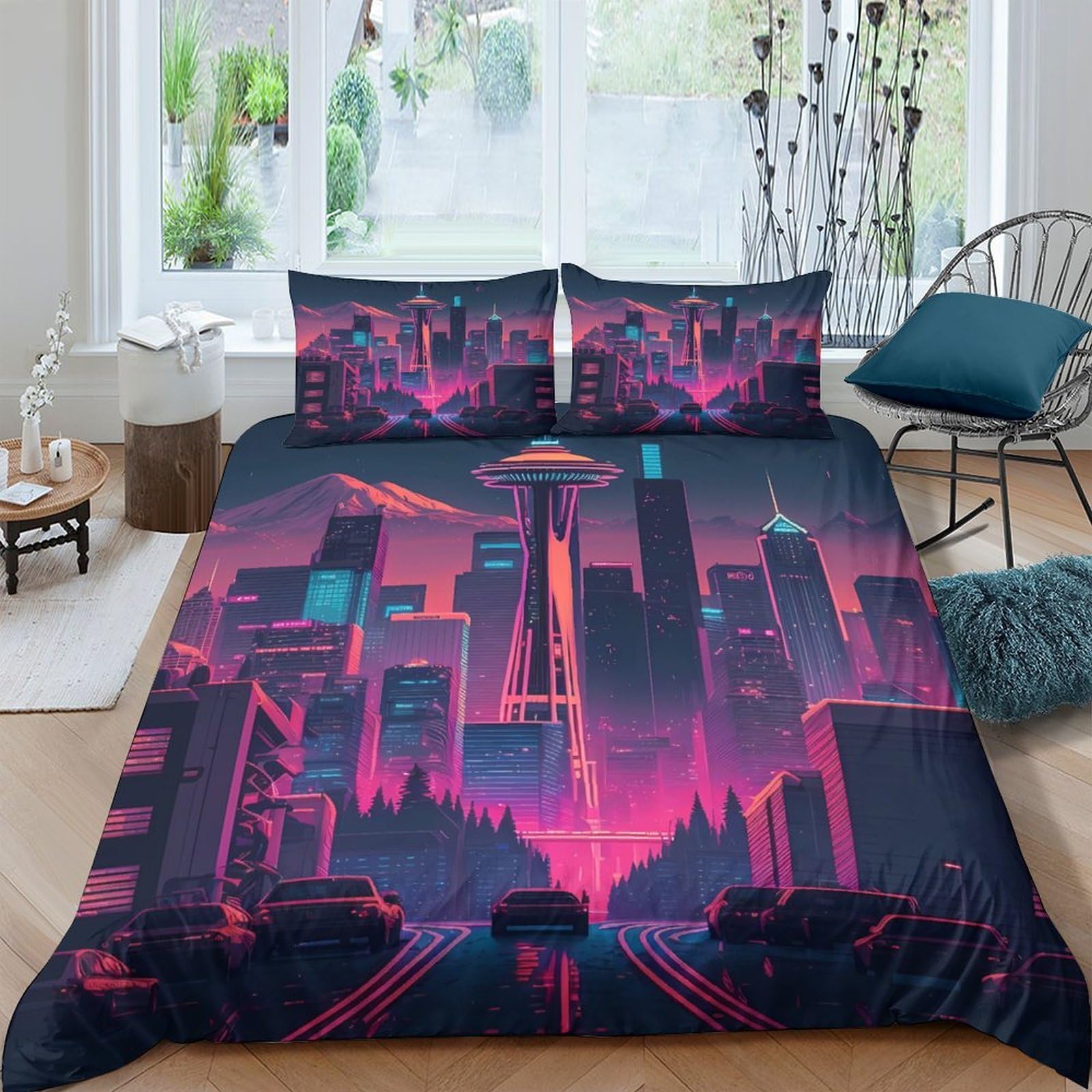 Ctjqhvkz Style-3 3D Printed Cyberpunk Cityscape Fitted Sheet Microfiber Soft Breathable Neon Skyline Bed Cover For Bedroom Decor Single（135X200cm）