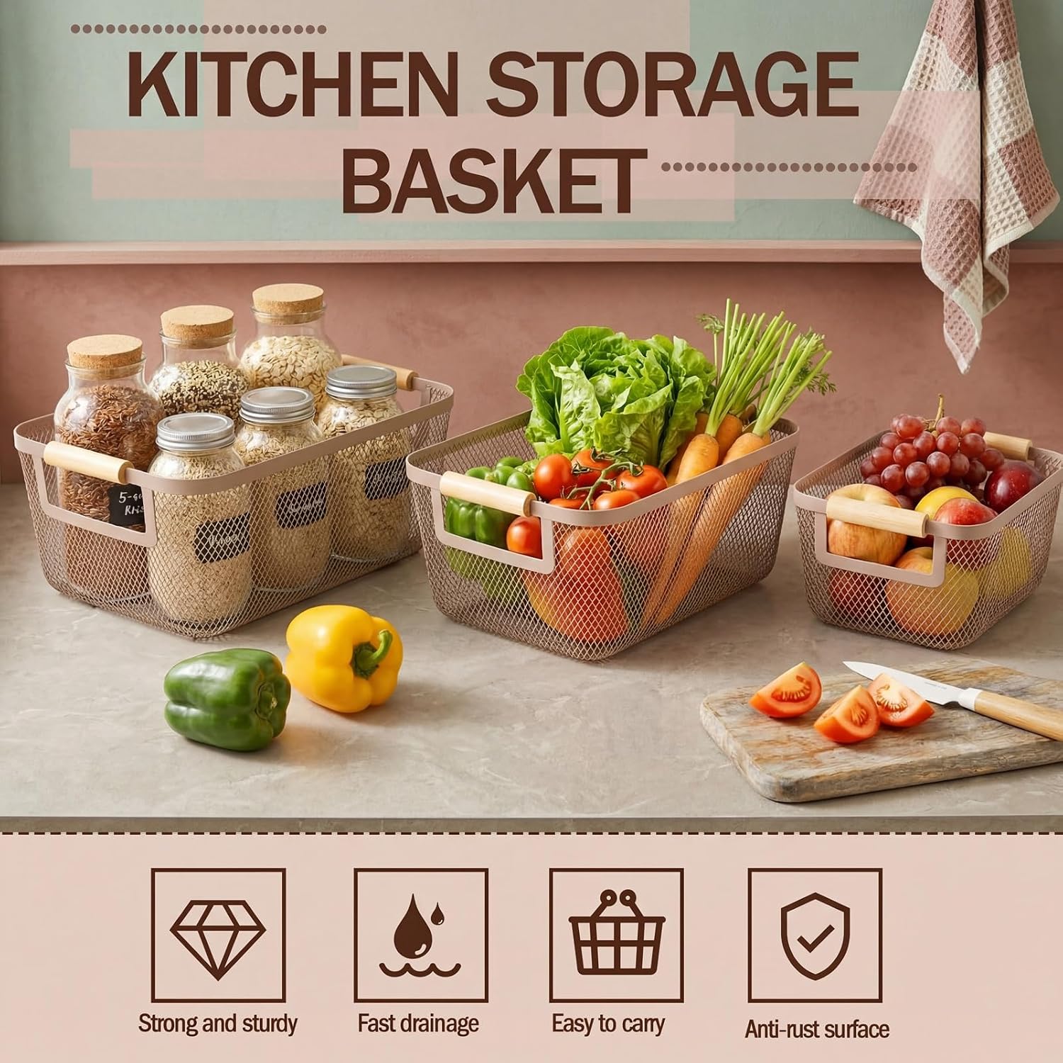 Mumufy 3 Pcs Metal Wire Basket with Wooden Handles Mesh Steel Organizer Bins for Pantry Closet Kitchen Cabinet Home Fridge Fruit Makeup Snacks Organization (Brown,3 Sizes)