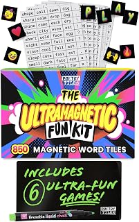 Poetry Tiles Ultramagnetic Fun Kit - Includes 6 Funny Fridge Poetry Games for Friends and Family - 700+ Words Magnets, Emojis, Header Tiles, Black Board, Liquid Chalk Pen, and Storage Bag