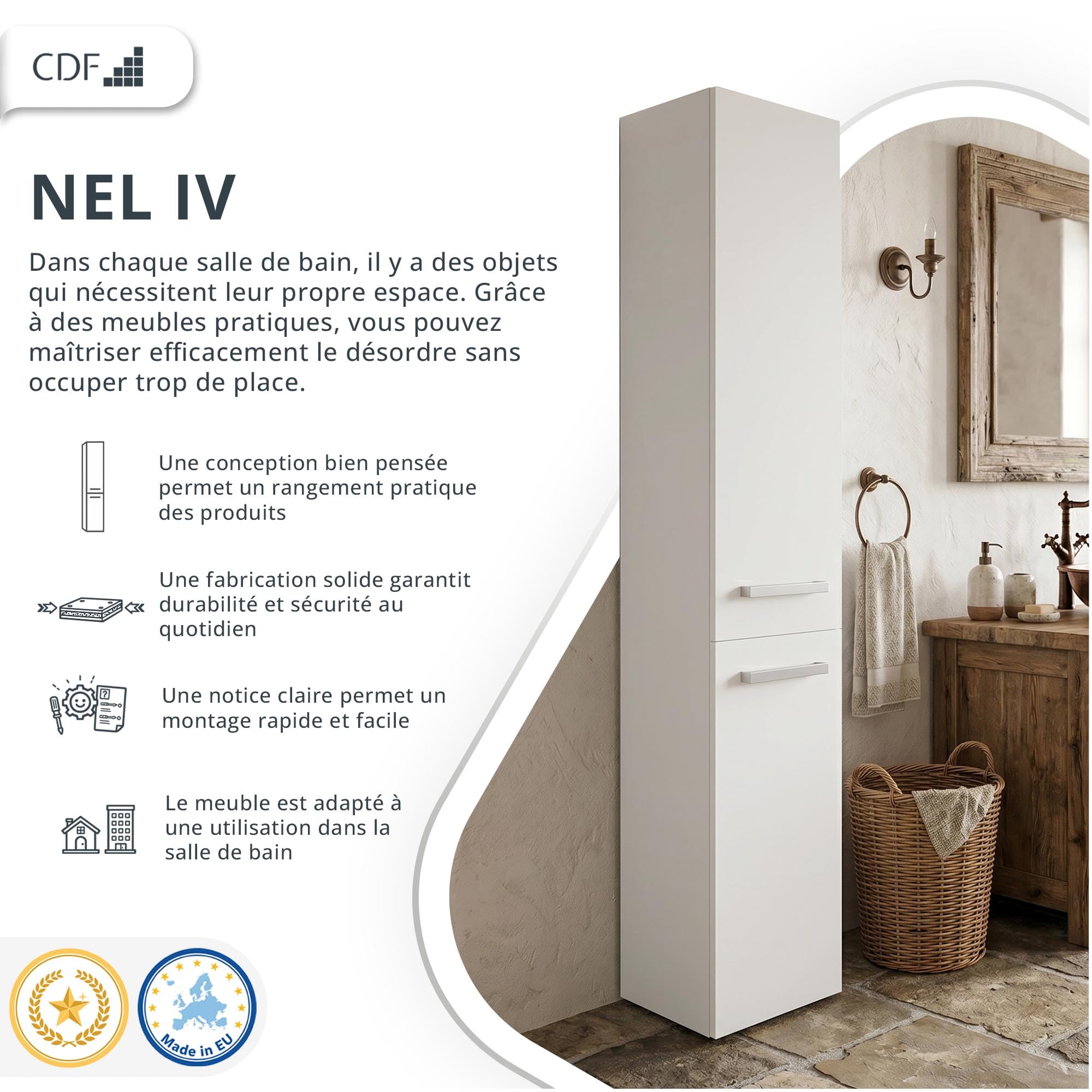 CDF Armoire de Salle de Bain Haute et étroite avec Panier à Linge, larg.: 31 cm Meuble de Rangement Adapté aux Petits Espaces, WC Couloir Blanc, 30x31x174 cm Résistant à l’Humidité