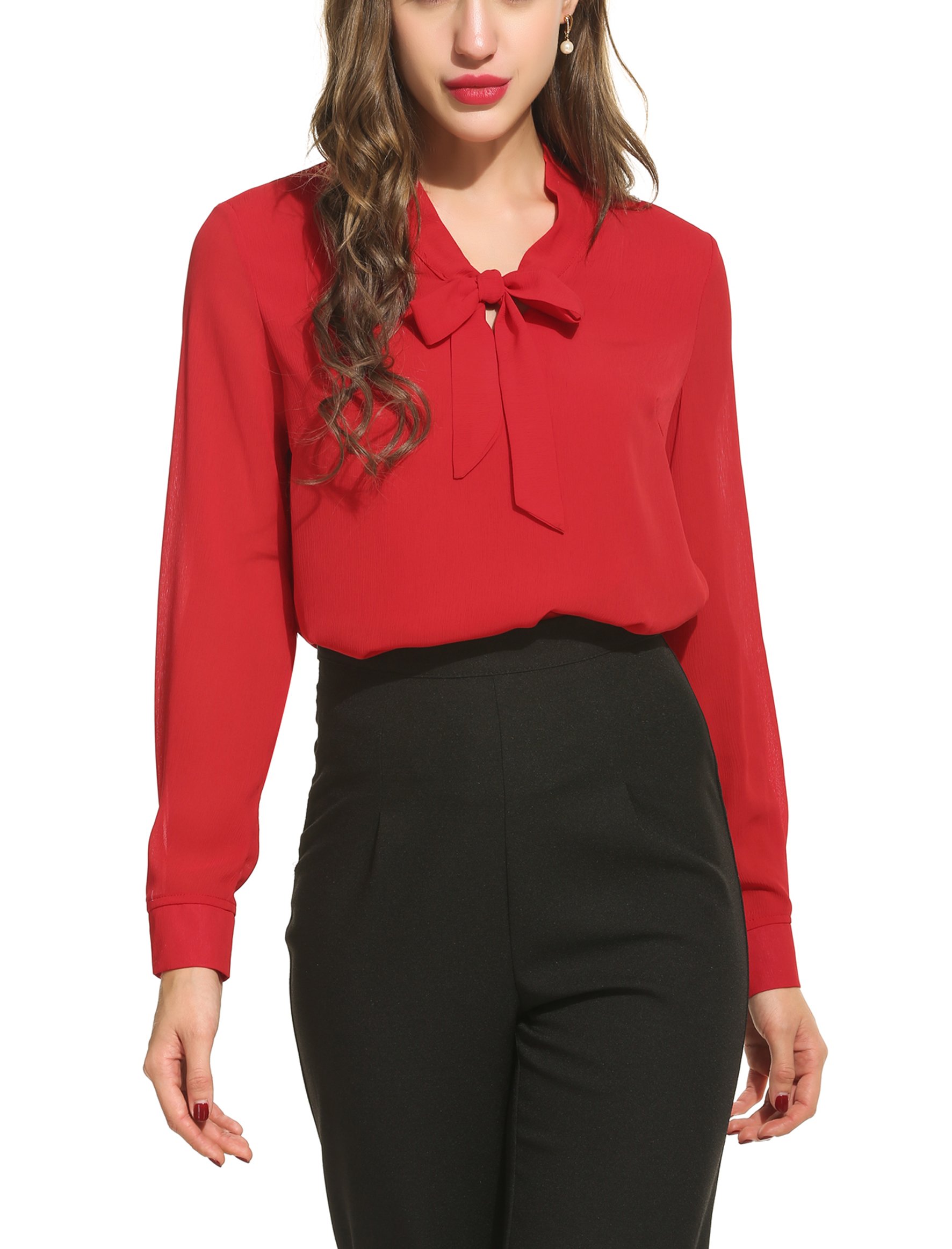 Womens Casual Chiffon Ladies V-Neck Cuffed Sleeve Blouse Tops