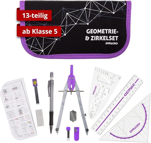 DynaTech 13-częściowy zestaw geometryczny cyrkiel z cyrklem, ekierką geometryczną, parabelą, ołówkiem, linijką, temperówką i wkładami zapasowymi w etui z zamkiem błyskawicznym fioletowym  z