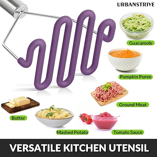 Miniatura 32 de Urbanstrive Herramienta de cocina de silicona antiarañazos, triturador de patatas, triturador de patatas, de acero inoxidable, envuelto en silicona