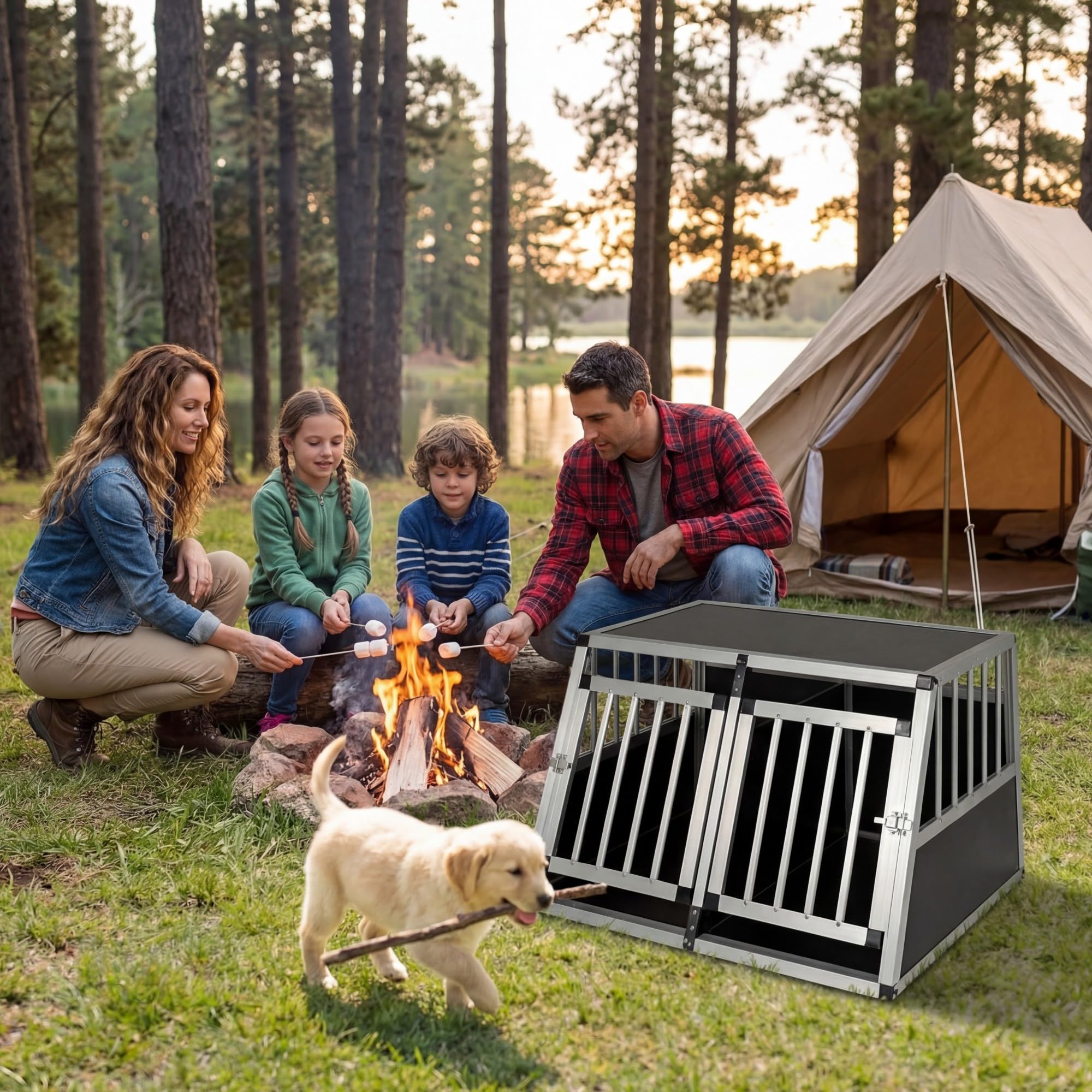 GYMAX Trasportino per Cani Auto, Gabbia per Cani in Lega di Alluminio Con 2 Divisori Rimovibili e Doppie Porte con Serratura, Angolo Apertura di 100°, per Viaggio Veterinario 89 x 69 x 50,5 cm