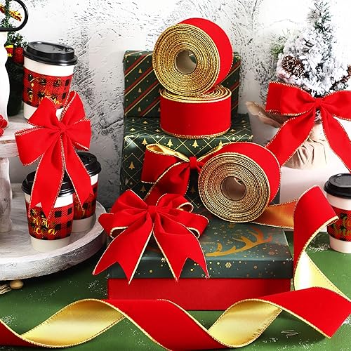 Miniatura 6 de 3 rollos de cinta de terciopelo rojo de Navidad de 30 yardas con borde dorado de 2.5 pulgadas de ancho, cinta con alambre para exteriores, cinta