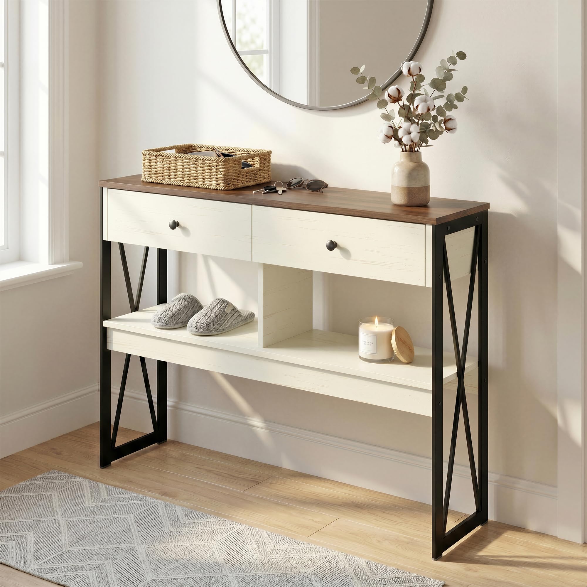 Manora Mesa de Consola Industrial, Mesa de Entrada con 2 Cajones y estantes de Almacenamiento, Mueble de Entrada para Salón, Pasillo y Recibidor, 100 x 24 x 76cm, Blanco y Marrón