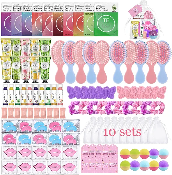 VESPRO 110PCS Spa Party Supplies for Girls Spa Party Favors Include Face Masks Skincare,Hand Cream,Lip Balm,Eye Patches,Lip Mask,mini Hair Brush, Stocking Stuffers for teen Girls,Sleepover Party gifts