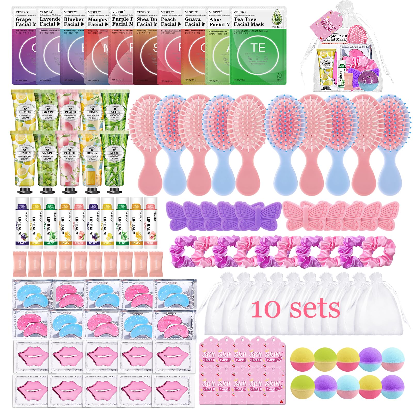 VESPRO 110PCS Spa Party Supplies for Girls, Spa Day Kit Include Face Masks Skincare, Hand Cream, Lip Balm, Under Eye Patches, Mini Hair Brush, Spa