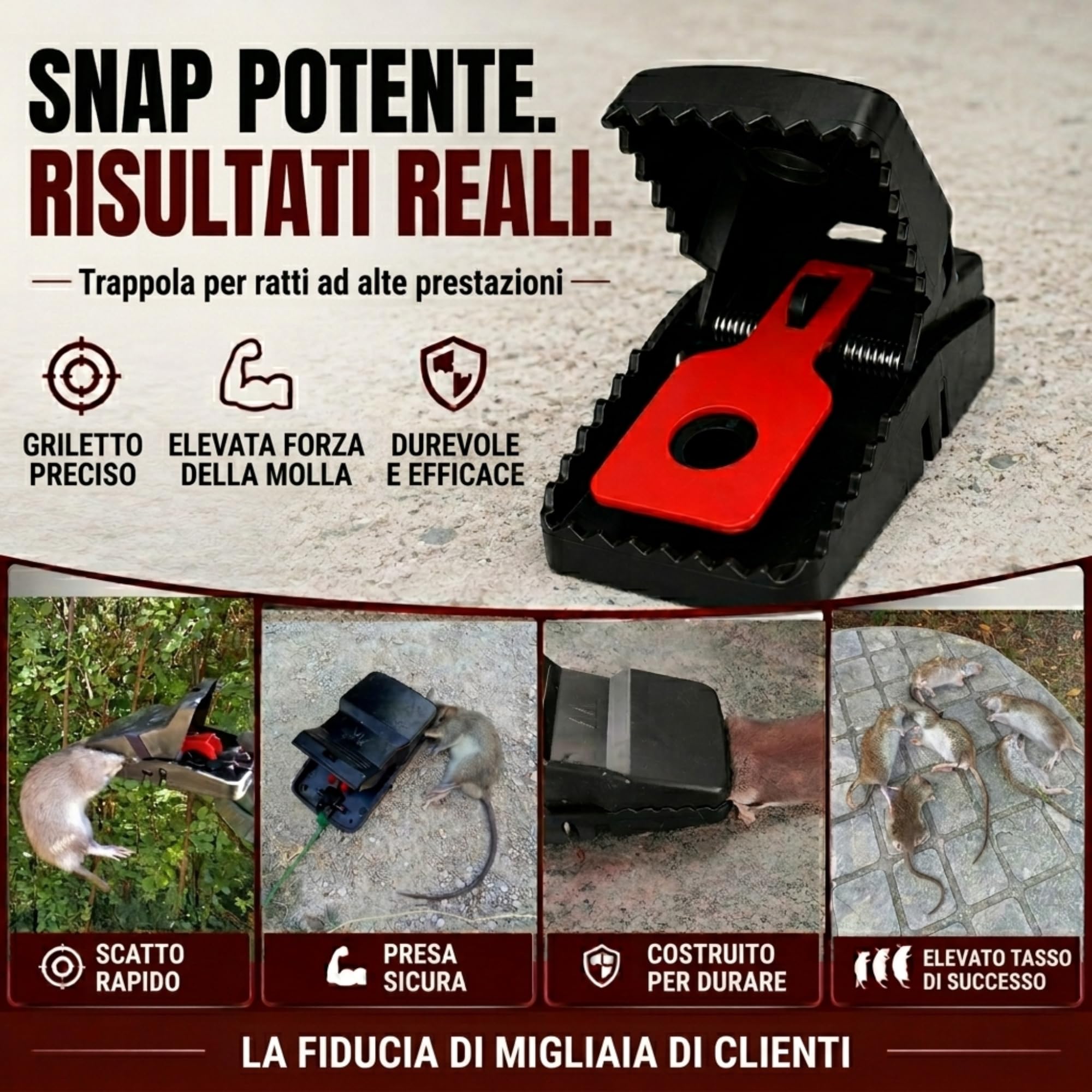 GIVERNY Trappola per Ratti e Topi XL (Confezione da 6) – Extra Grande, Riutilizzabile e Potente, Senza Veleno, Sicura per Bambini e Animali, con Guanti Inclusi – Uso Interno ed Esterno
