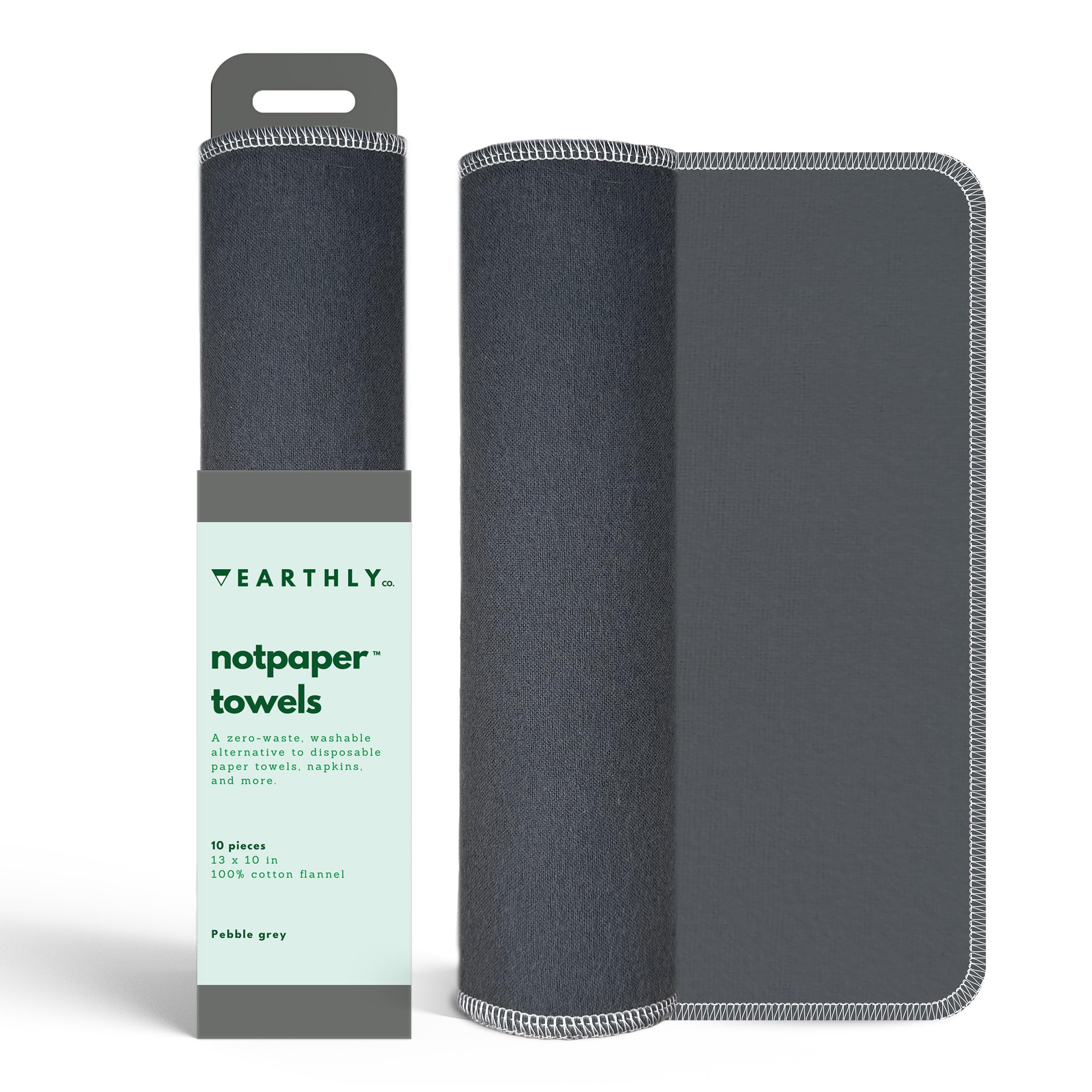 Earthly Co. Reusable Paper Towels - 10 Pack - Roll of Washable Cotton Cloth Paper Towels - Paperless Reusable Napkins Cloth Washable - Absorbent + Long Lasting - Zero Waste Products - (Pebble Grey)