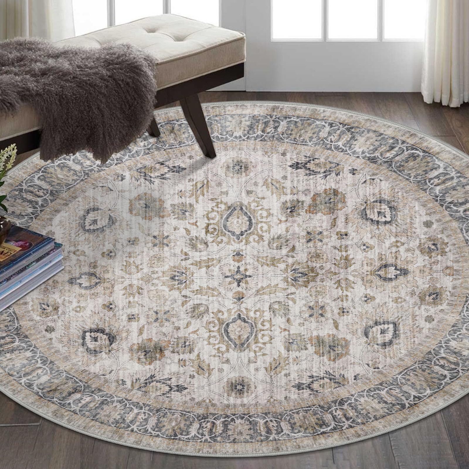 KOZYFLY Round Area Rugs 6Ft Vintage Floral Washable Circle Rug Grey/Beige — image 1