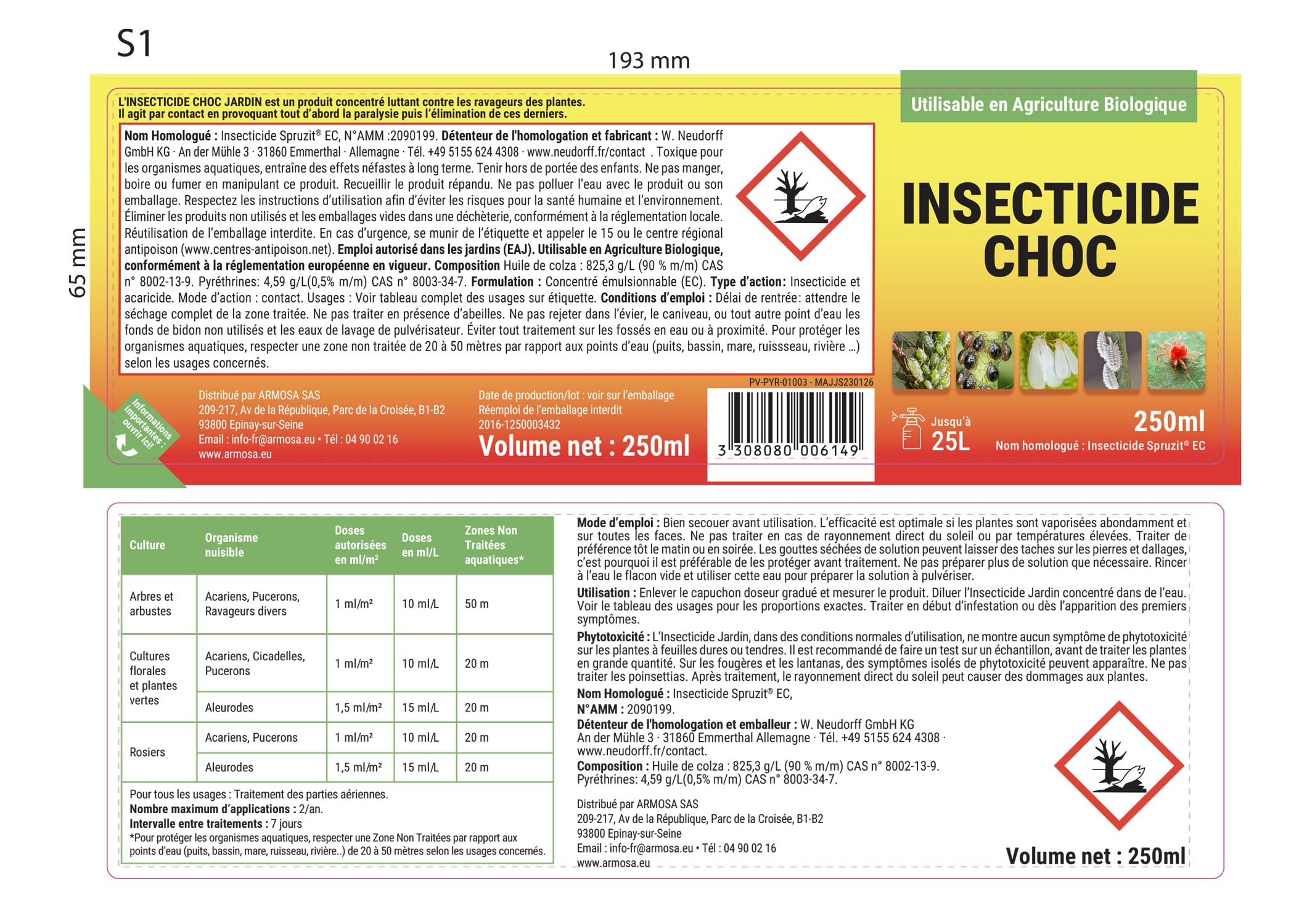 Protecta Insecticide Choc Jardin Concentré - Insecticide Pucerons, Cochenilles, Thrips, Acariens & Araignée Rouge - Plantes, Rosiers et Potager – Utilisable en Agriculture Biologique – 250 ML