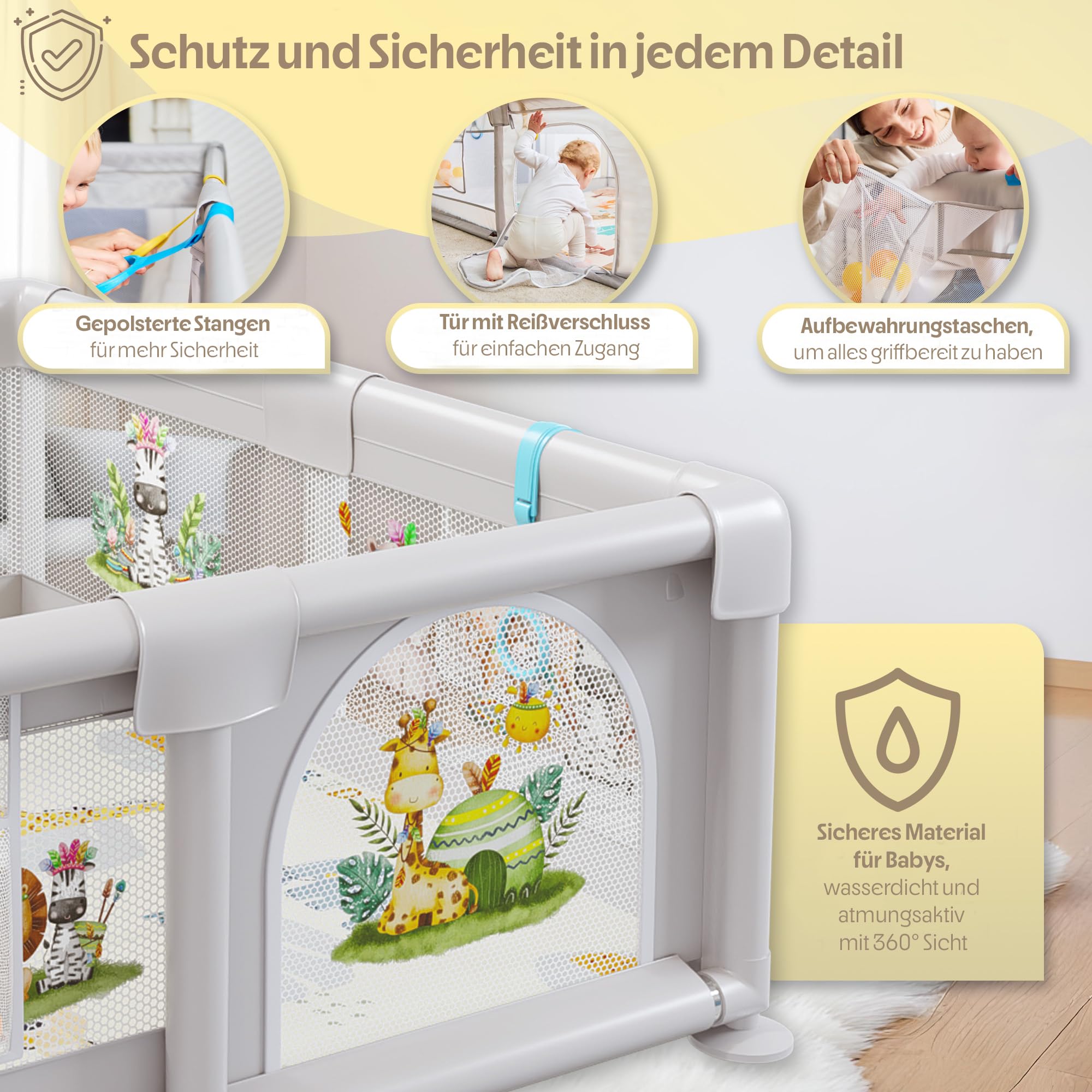 Baby Laufstall 150x150cm mit Illustrationen, Gepolsterter Spielbereich mit Wendbarer Matte, Stoffbuch, Bunten Bällen und Halteringen