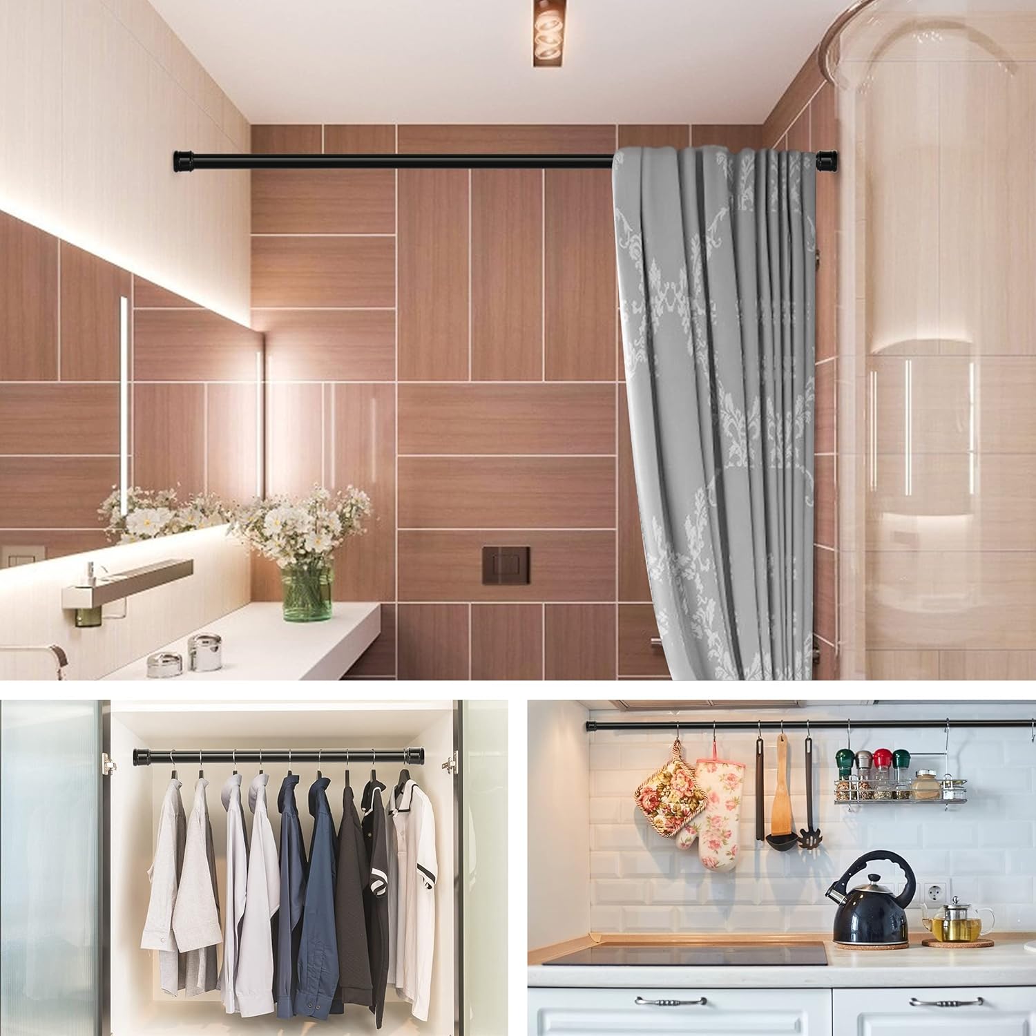 Tension Curtain Rod Pole Black Adjustable Room Divider for Bathroom Closet Stall Windows 56 to 104 inch, No Drilling, Black : Home & Kitchen
