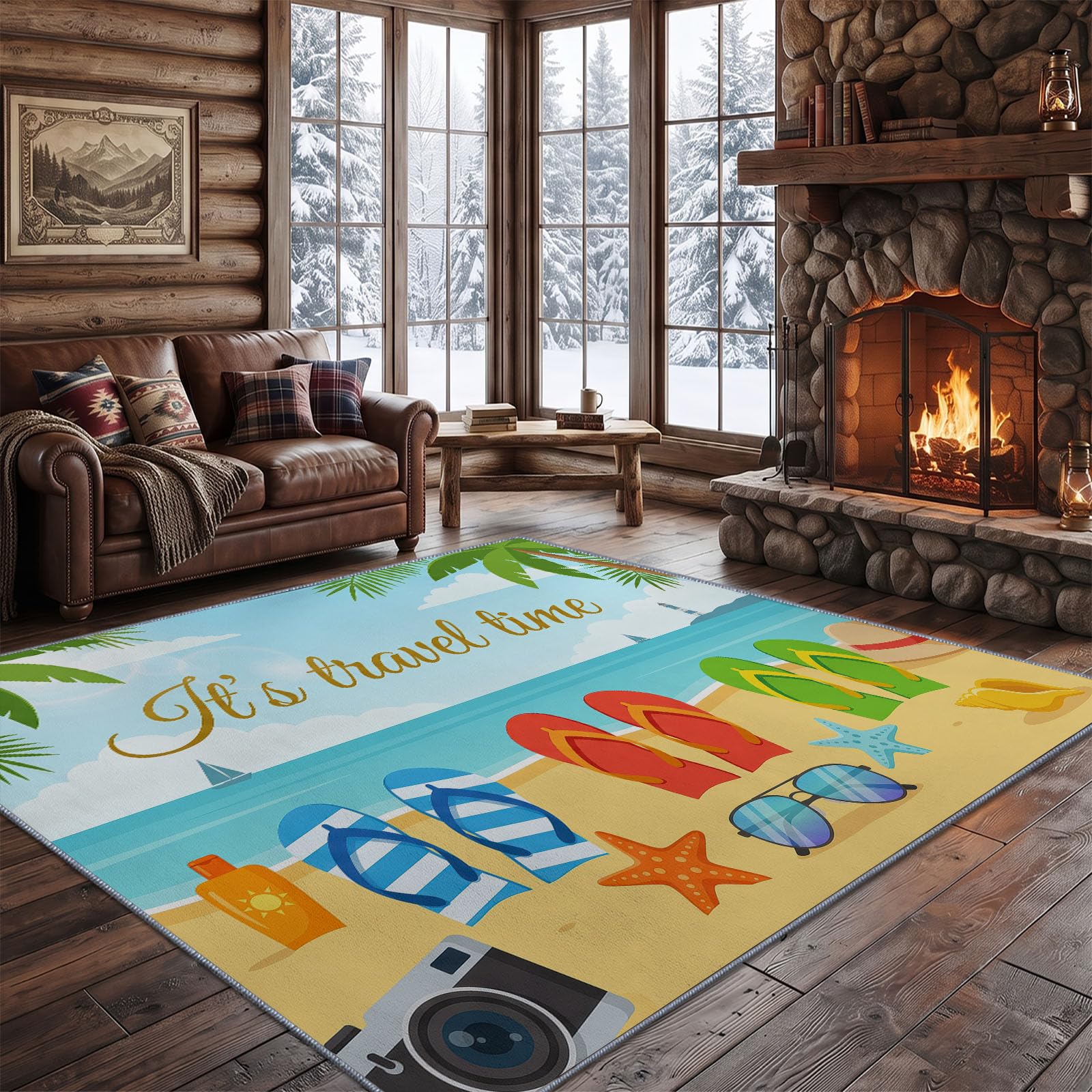 Bleu Clair Tapis Salon 80 x 150 cm, Cartoon Lavable en Machine Tapis | Chambre Antidérapant, Plage Étoile De Mer Tapise Bureau Salle a Manger, Doux Poil Ras Rug, Cuisine