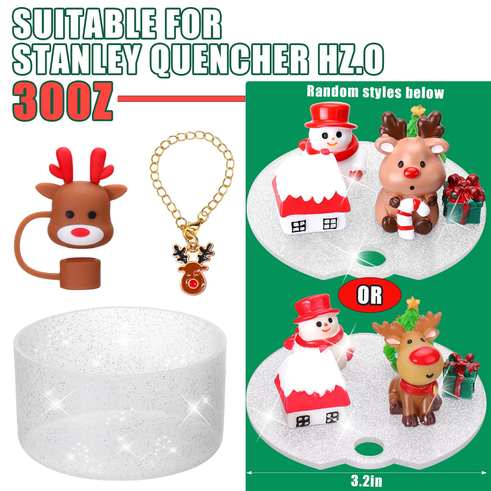 Mity rain Cup Accessories for Stanley Cup 30oz 40oz,Including Boot, Silicone Straw Topper Cover Cap, Lid Charms for H2.0 Tumbler Accesorios (Christmas Deer) (30OZ)