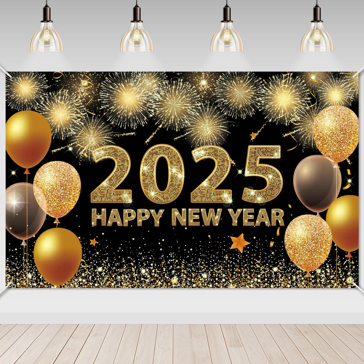 Happy New Year Banner 2025 - Extra Large 73x43 Inch Black and Gold Backdrop, New Years Eve Decorations and Party Supplies
