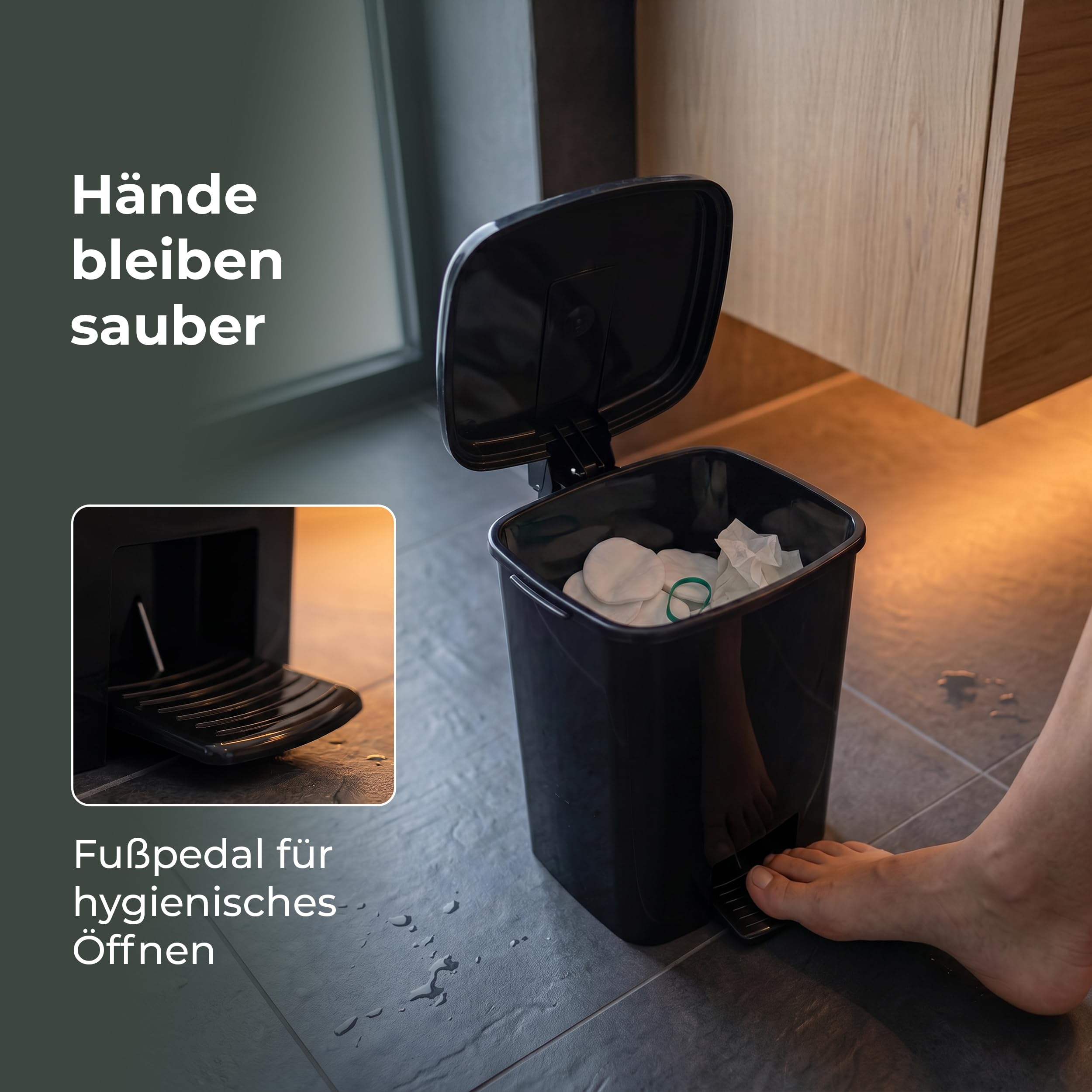 Novaliv Kosmetikeimer 5 L 3er-Set schwarz – 3x Mülleimer Bad mit Pedal & Inneneimer | Badezimmer Tretmülleimer Abfalleimer Vorteilsset für Bad, Gäste-WC & Schlafzimmer, Kunststoff, je 27 x 25 x 23 cm