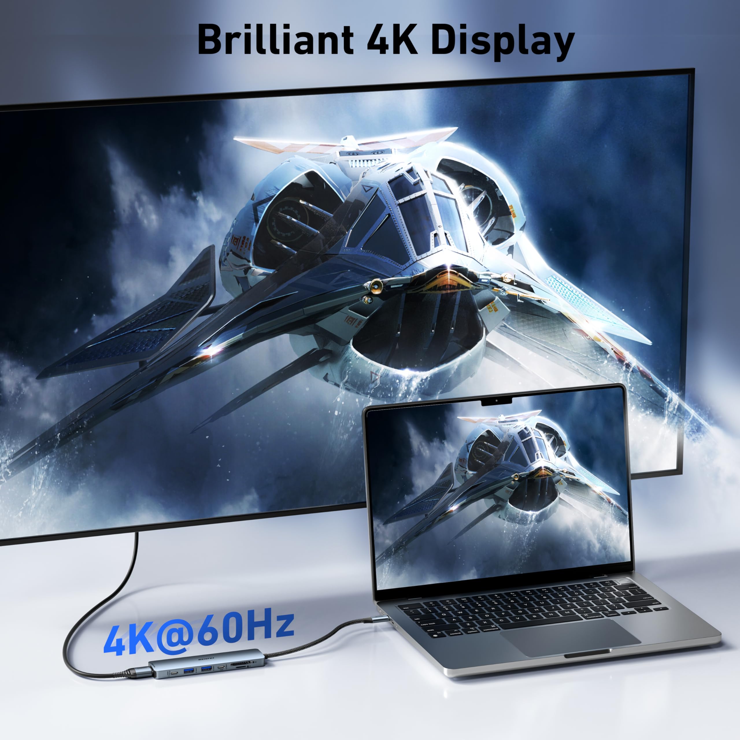 BENFEI Hub USB C 7w1 z HDMI (4K@60Hz), 2 USB-A, 1 USB-C do transmisji danych, ładowanie 100W, czytnik kart SD/TF, silikonowy kabel nieplączący się kompatybilny z MacBookiem Pro/Air, iPadem Pro, iMacem