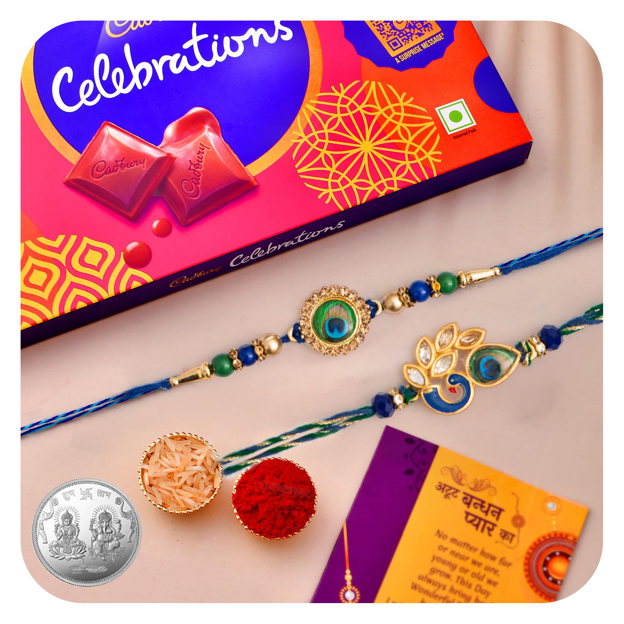 CraftVatika Rakhi Gift for Brother and Bhabhi With Chocolate Pooja Coin Combo| Mor Pankh Rakhi for Men Boy Bhaiya Girls |Cadbury Celebrations with Rakhi with Chocolate Gift Pack Rakhi Set of 2-image-24