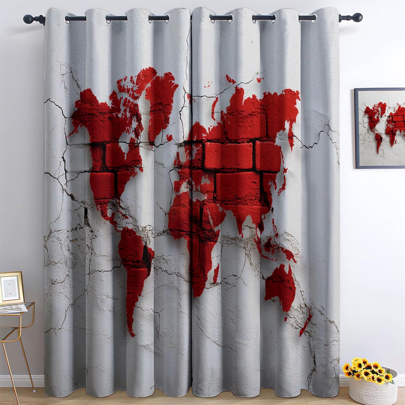 Arte Digital Cortinas de Ventana 140 x 260 cm (2 Paneles), Opacas Térmicas Aislantes del Frío y del Calor Ladrillos Rojos Geometría Mapa para Dormitorio o Sala de Estar Decoración de Habitación