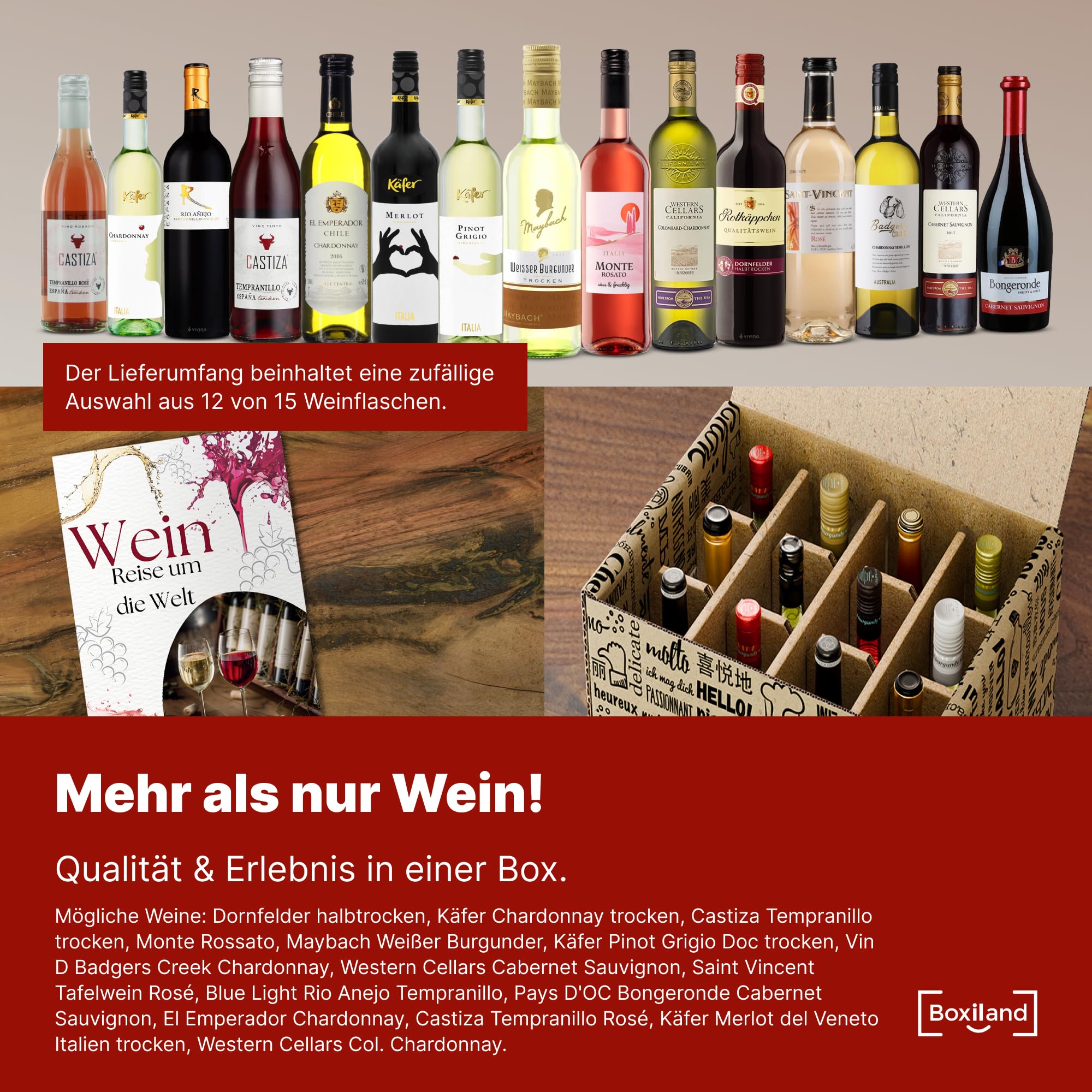 BOXILAND® Wein Geschenk Set [ERSTKLASSIGES WEINPROBE SET] - Weingeschenke für Frauen & Männer - Weinset Geschenk - Rotweine & Weißweine Set Geschenkbox - Wine Tasting Set Weinpaket Box (12x0,25l)