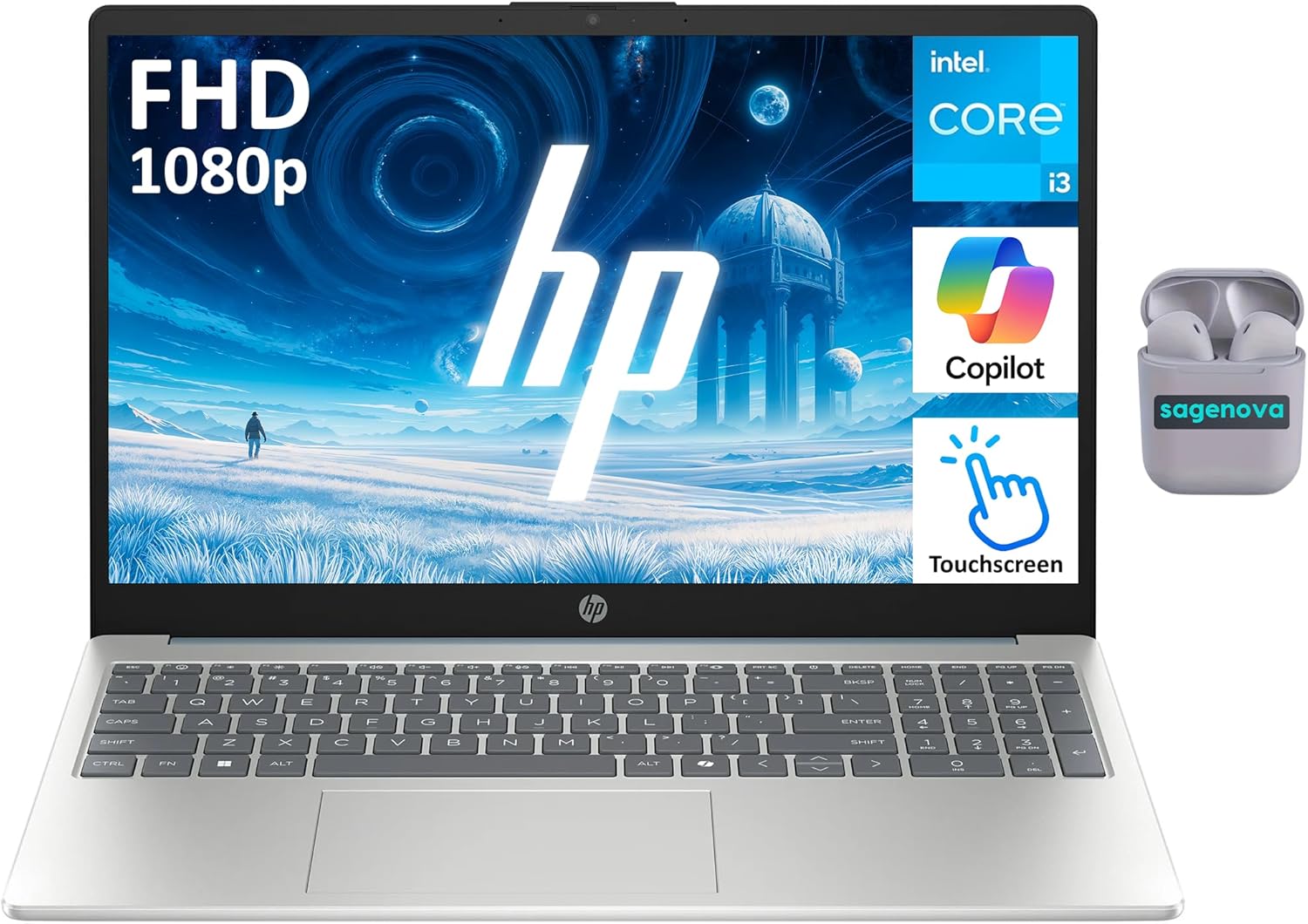 HP 15.6" FHD Touchscreen Laptop Computer, 4GB RAM 256GB SSD, 8-Core Intel Core i3 Processor, Windows 11 with Copilot AI, SageNova Earphones, Moonlight Blue