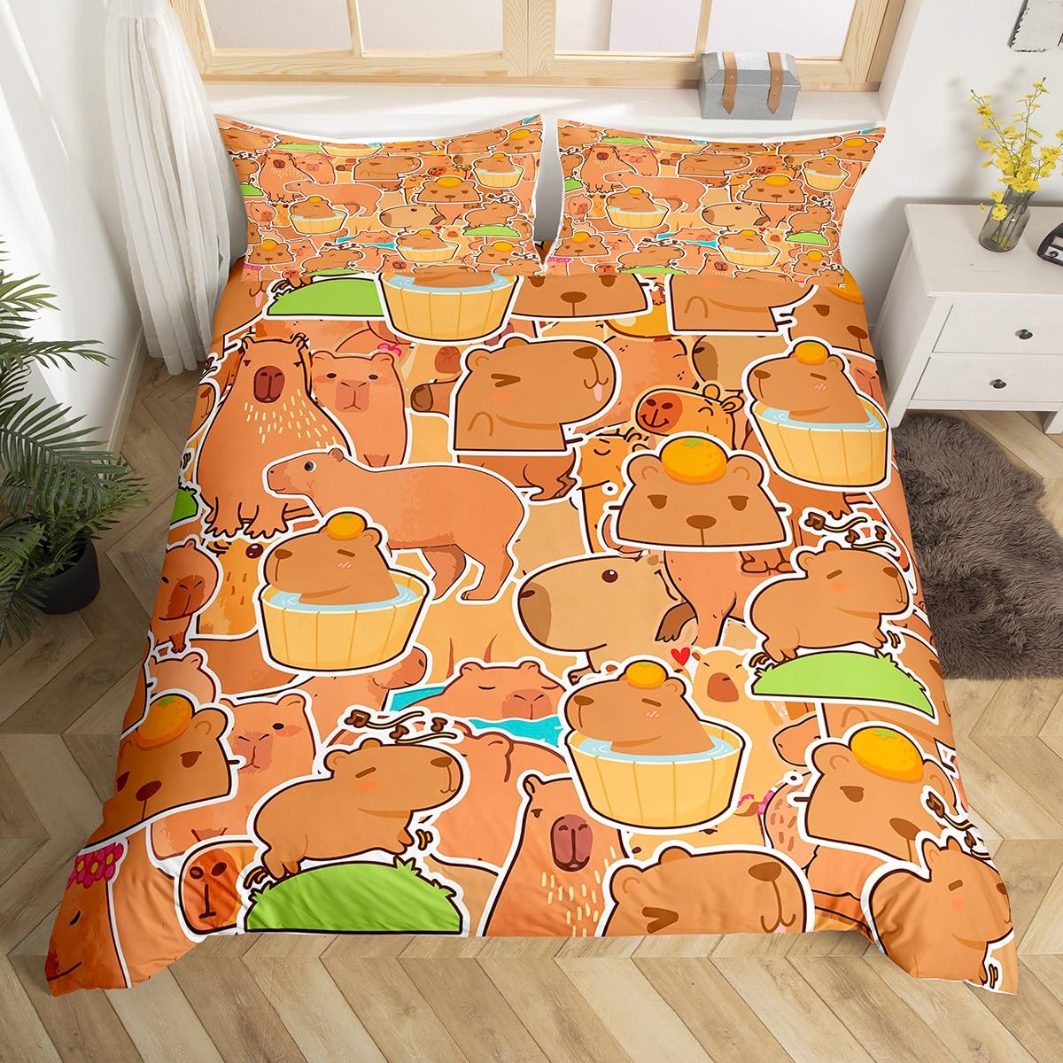 Loussiesd Capybara Copripiumino 200 x 200 cm Regali per Bambini Capybara Biancheria da letto Set per Ragazzi Adolescenti Amanti Animali Capybara Parure da letto Modello Arancione Marrone Biancheria da
