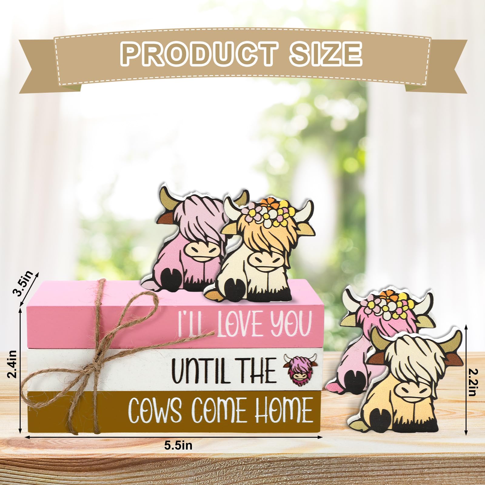 Whaline Pink Highland Cow Wooden Tiered Tray Decor Farmhouse Valentine's Day Decorations Decorative Faux Stacked Books Rustic Table Centerpiece Block Signs for Party Home Kitchen Dining Table