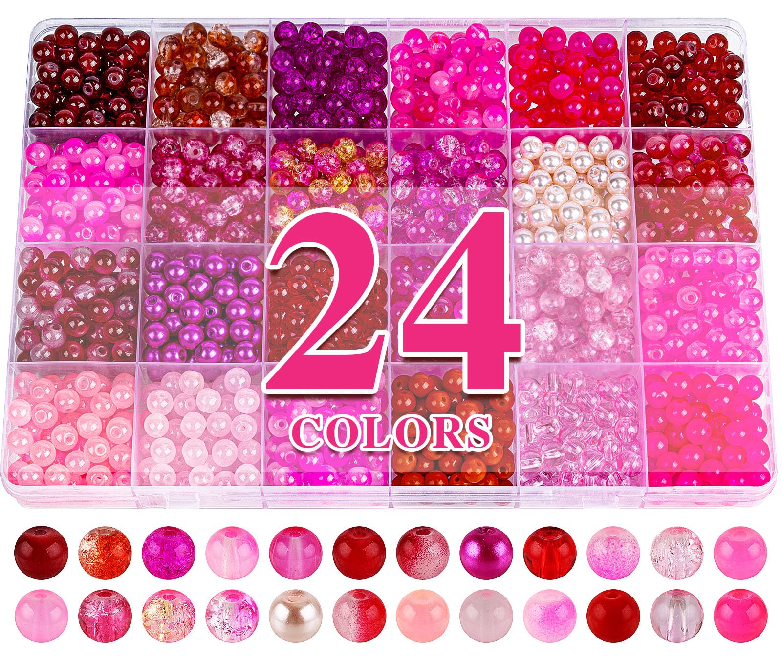 XSEINO About 1200PCS 6mm Glass Beads Bracelet Making Kit,24 Assorted Red and Pink Series Colorful Crystal Beads for Bracelet and Jewelry Making and DIY Crafts,Friendship Bracelets