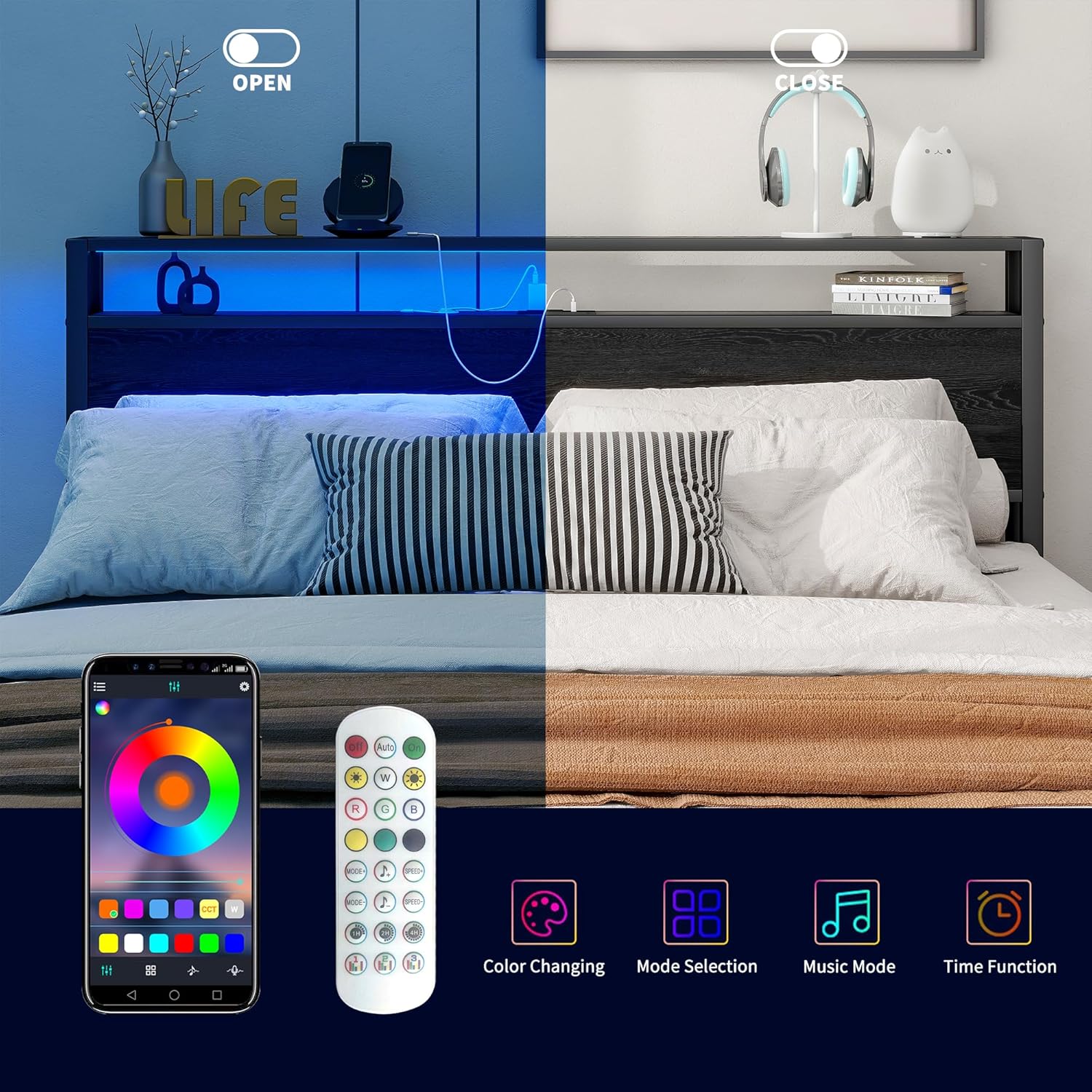 HOJINLINERO Queen Bed Frame with Storage Headboard,Bed Frame Queen Size with Charging Station & LED Lights,Metal Platform Bed No Box Spring Needed,Mattress Foundation,Heavy Duty Slats,Noise Free,Black - Image 4