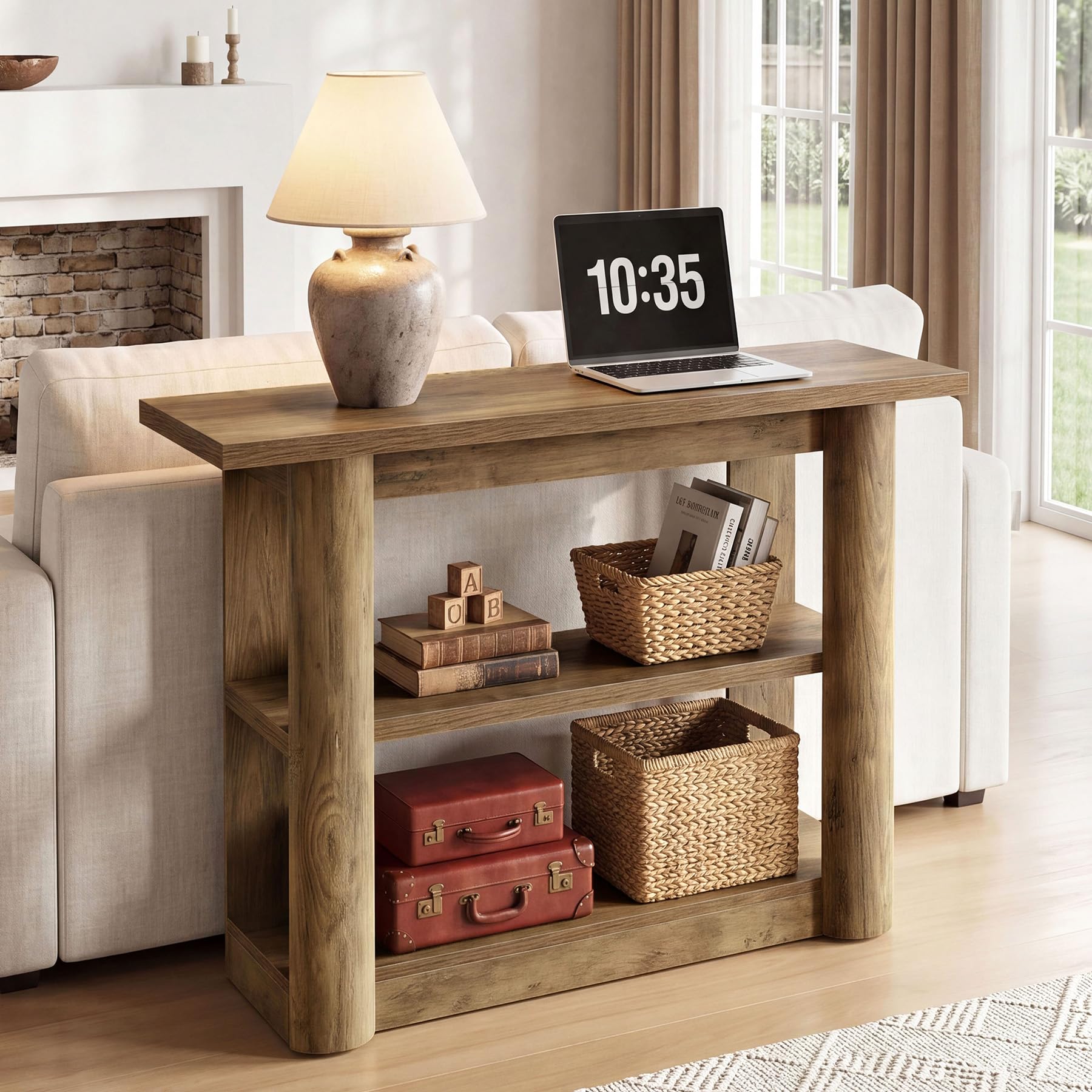 Tribesigns Konsolentisch 105cm schmal, Vintage Landhaus Flurtisch mit 3 Ebenen, Industriedesign Ablagetisch für Flur, Wohnzimmer & Eingangsbereich, platzsparender Sofatisch, Braun