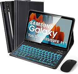 SOPPY Capa com teclado retroiluminado com mouse para Samsung Galaxy Tab S7/S8/S9/S9FE 11 polegadas, capa magnética com teclado destacável retroiluminado em 7 cores com slot para caneta para tablet