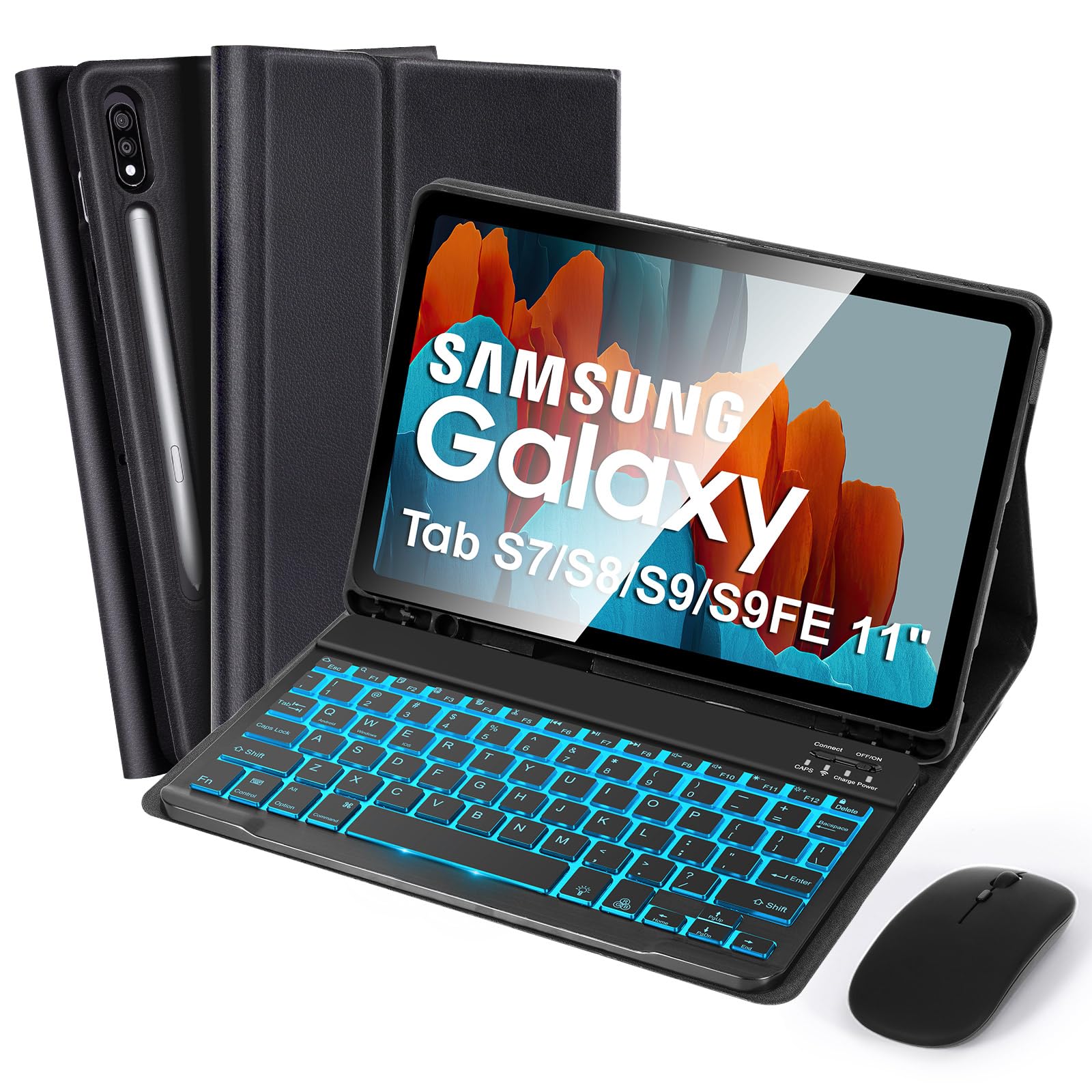 Backlit Keyboard Case with Mouse for Samsung Galaxy Tab S7/S8/S9/S9FE 11 inch, 7 Color Backlit Detachable Keyboard Magnetic Case with Pen Slot for Samsung Tablet S7/S8/S9/S9FE 11 inch - Black