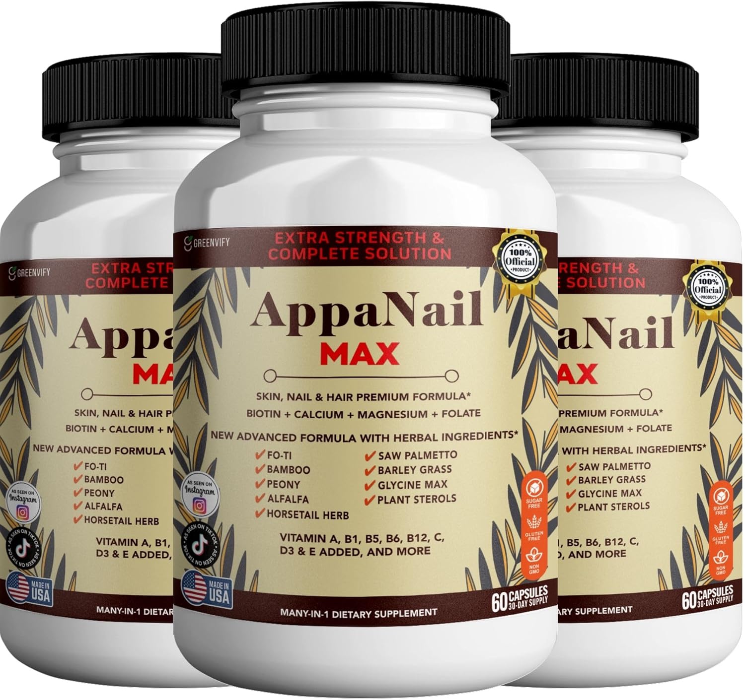 AppaNail MAX Hair Skin & Nail Supplement, 60 Capsules, with Biotin 5000mcg, Vitamins, Minerals & Herbal Complex (3)