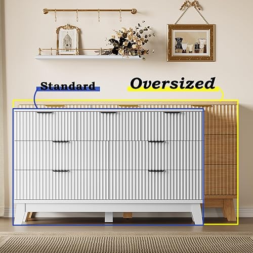 Miniatura 3 de Cómoda de 57 pulgadas de largo para dormitorio, cómoda acanalada de 7 cajones, cómoda de madera moderna, organizador de almacenamiento amplio