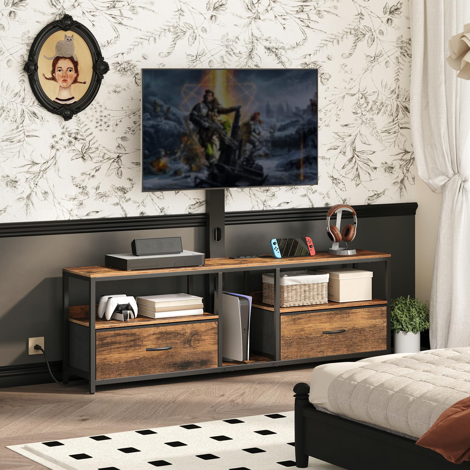 TV Stand with Mount for up to 75", Entertainment Center with Switch-Controlled Charging Station, Swivel TV Stand Mount with Fabric Drawers, for Living Room, Rustic Brown TVHR154E01N1