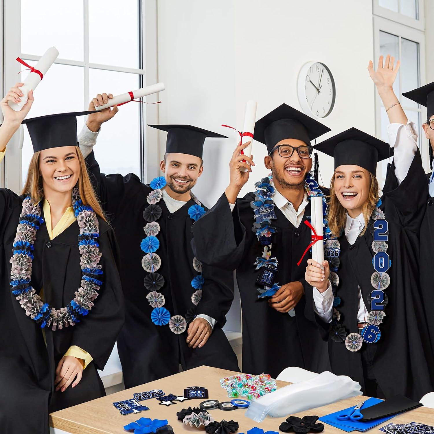 Shinylin 24 Sets 2027 Graduation Candy Lei Making Kit Include Clear Poly Candy Lei Tubing with Flower Card Grad Stickers White Rubber Bands Ribbons Glues for Graduation Party Supplies(Black and Blue)