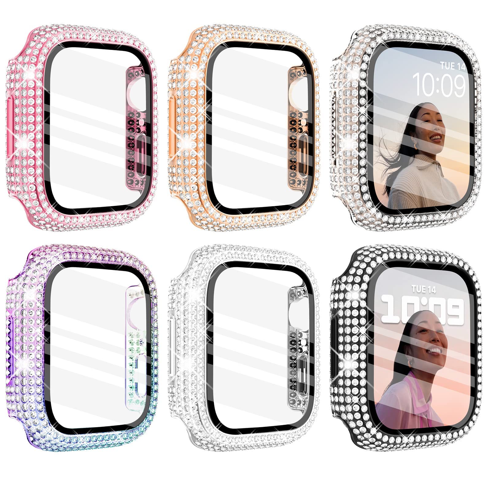 WINGLE Compatible with Apple Watch Screen Protector 44mm SE 3 2 1/ Series 6 5 4, Women Shiny Diamond Cover with Tempered Glass Screen Protector for Apple Watch Case 44mm,Clear — view 31