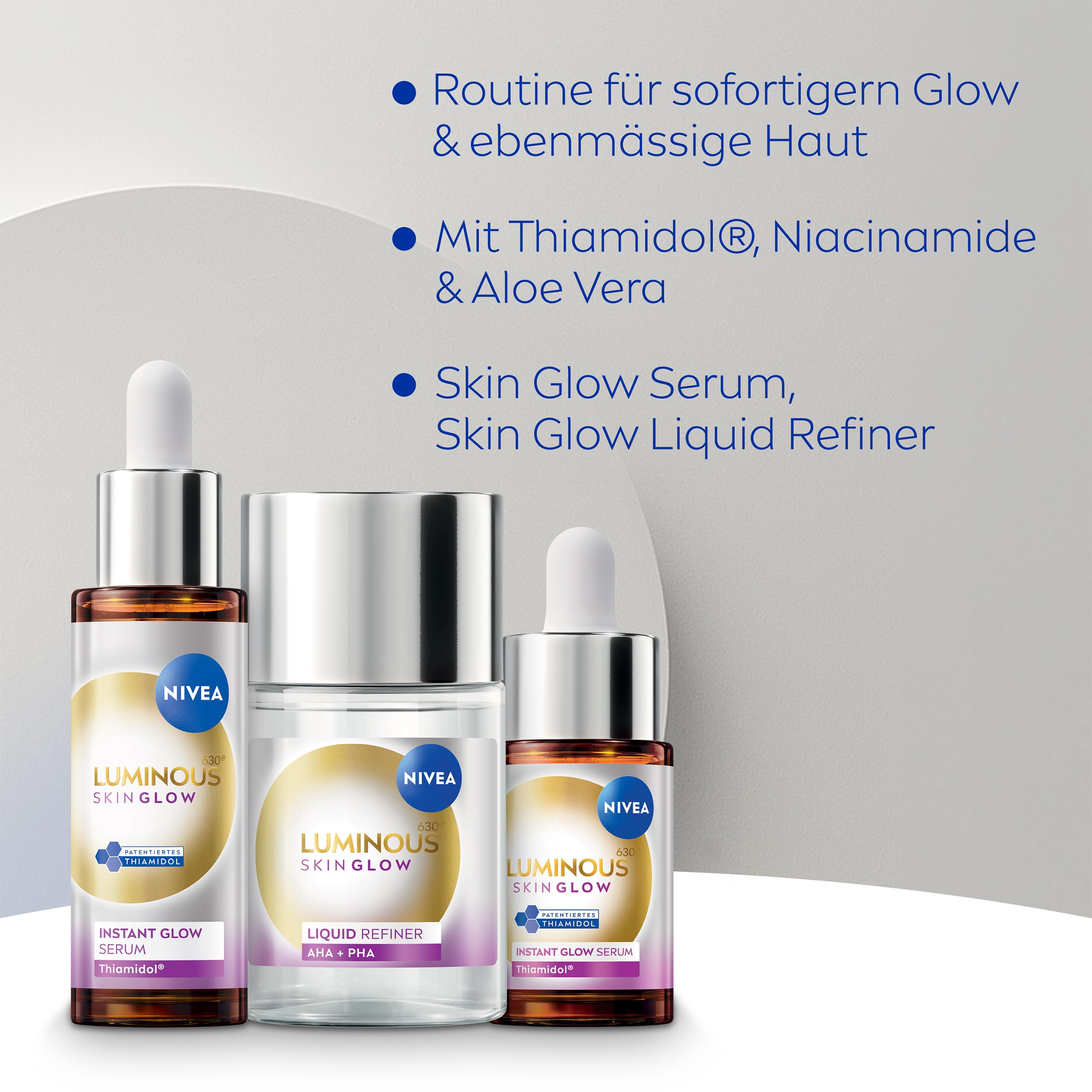NIVEA Luminous630 Skin Glow Set, Gesichtspflege Set mit Feuchtigkeitsserum (1 × 30 ml & 1 × 15 ml) und Liquid Refiner (100 ml), Gesichtsserum und AHA Peeling für strahlende Haut