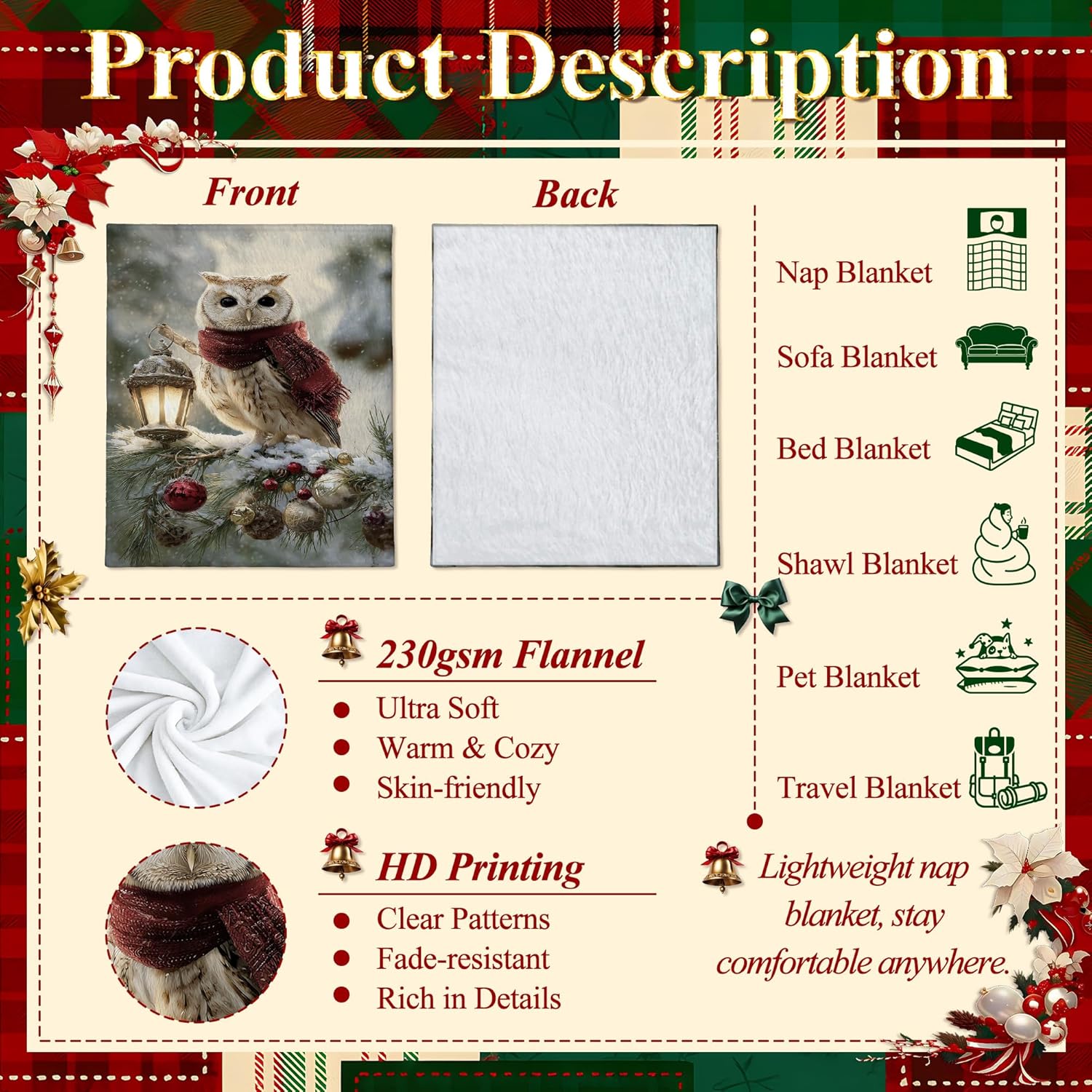 Owl Throw Blanket, Winter Festive Lantern Christmas Ornaments Christmas White Plush Blanket Lightweight Compact Aesthetic for Couch Sofa Bed Office Desk Living Room 40x60 Inch