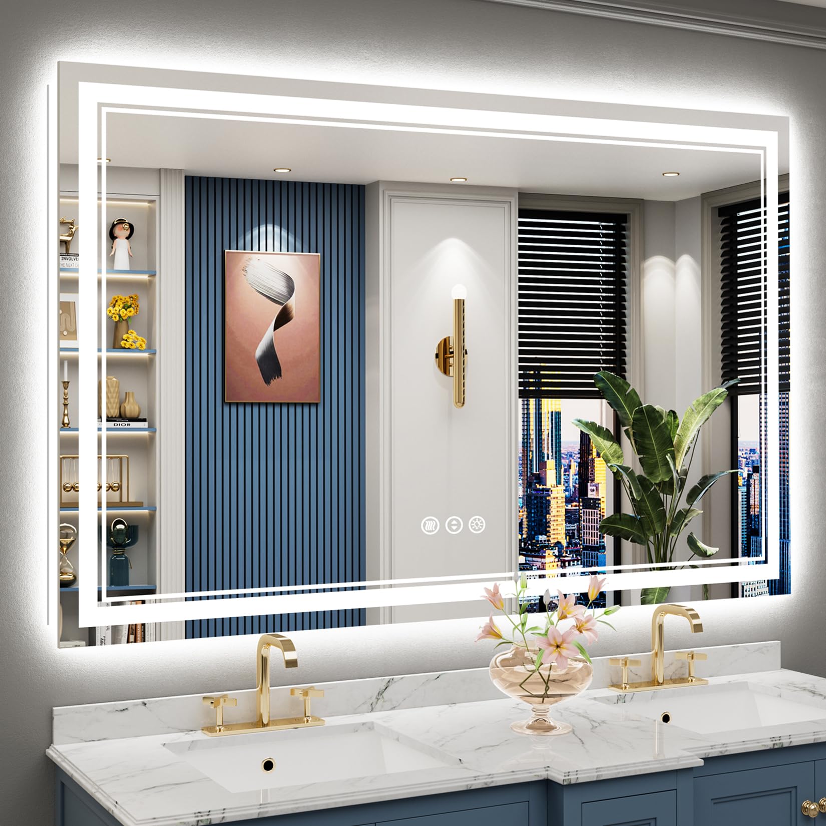 AWANDEE 60x40 LED Bathroom Mirror with Lights, Backlit + Front Lit, Anti-Fog Lighted Vanity Mirror for Bathroom Wall with 3 Colors, Stepless Dimmable, Memory, Shatter-Proof, Tempered Glass, ETL Listed