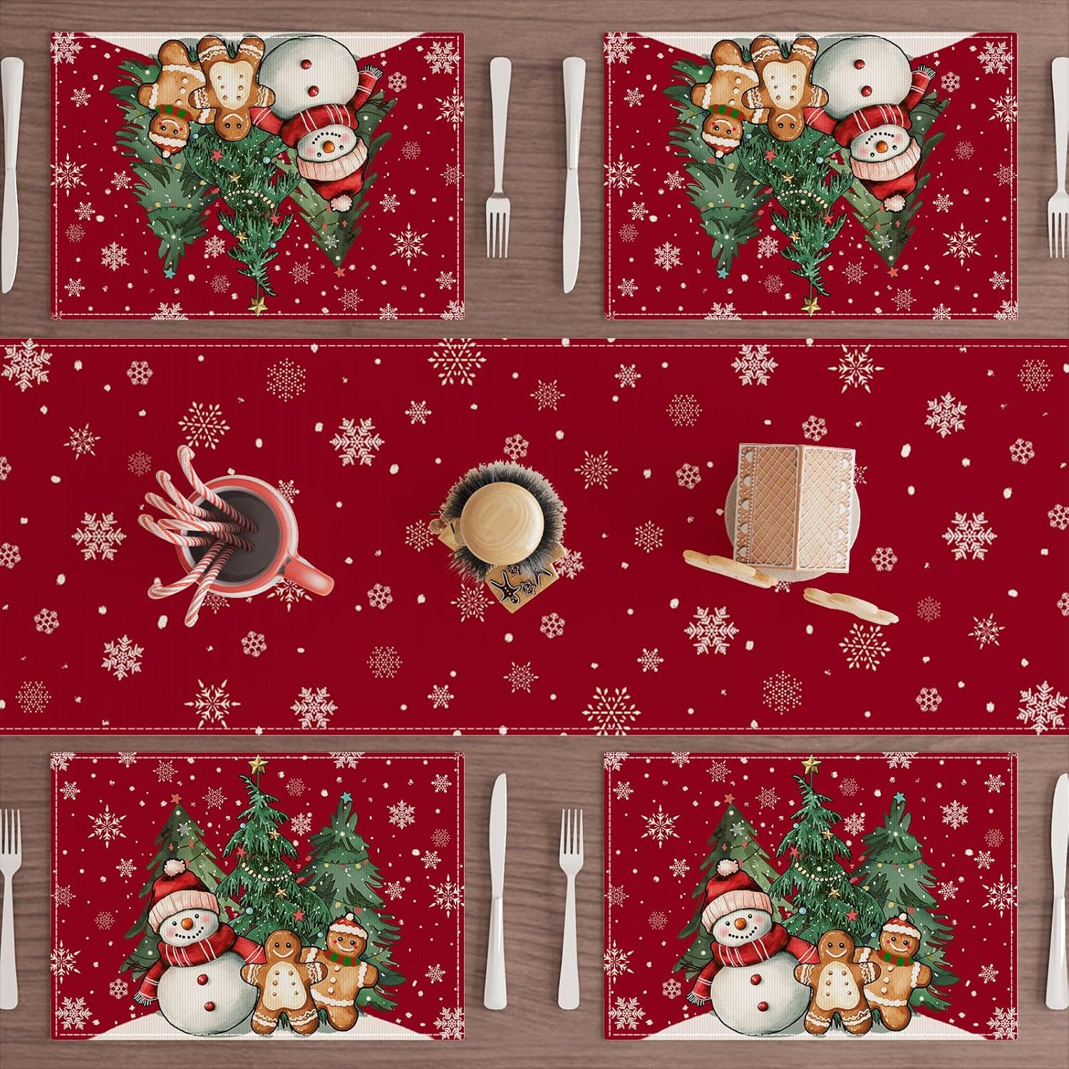 XCHI Winter Red Snowman Gingerbread Man Christmas Tree Xmas Placemats Set of 4 Table Mats for Party Home Kitchen Dining Table Decorations 12x18 Inch