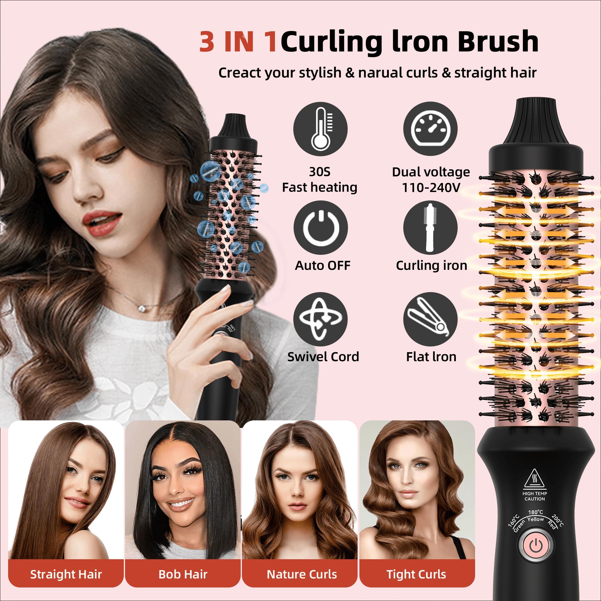 UKLISS Szczotka termiczna 32 mm, Thermal Brush wyświetlacz LCD [160-200°C], profesjonalna szczotka termoaktywna, podwójna szczotka do podróży, do stylizacji włosów – grzebień, kręcona, gładka (czarny