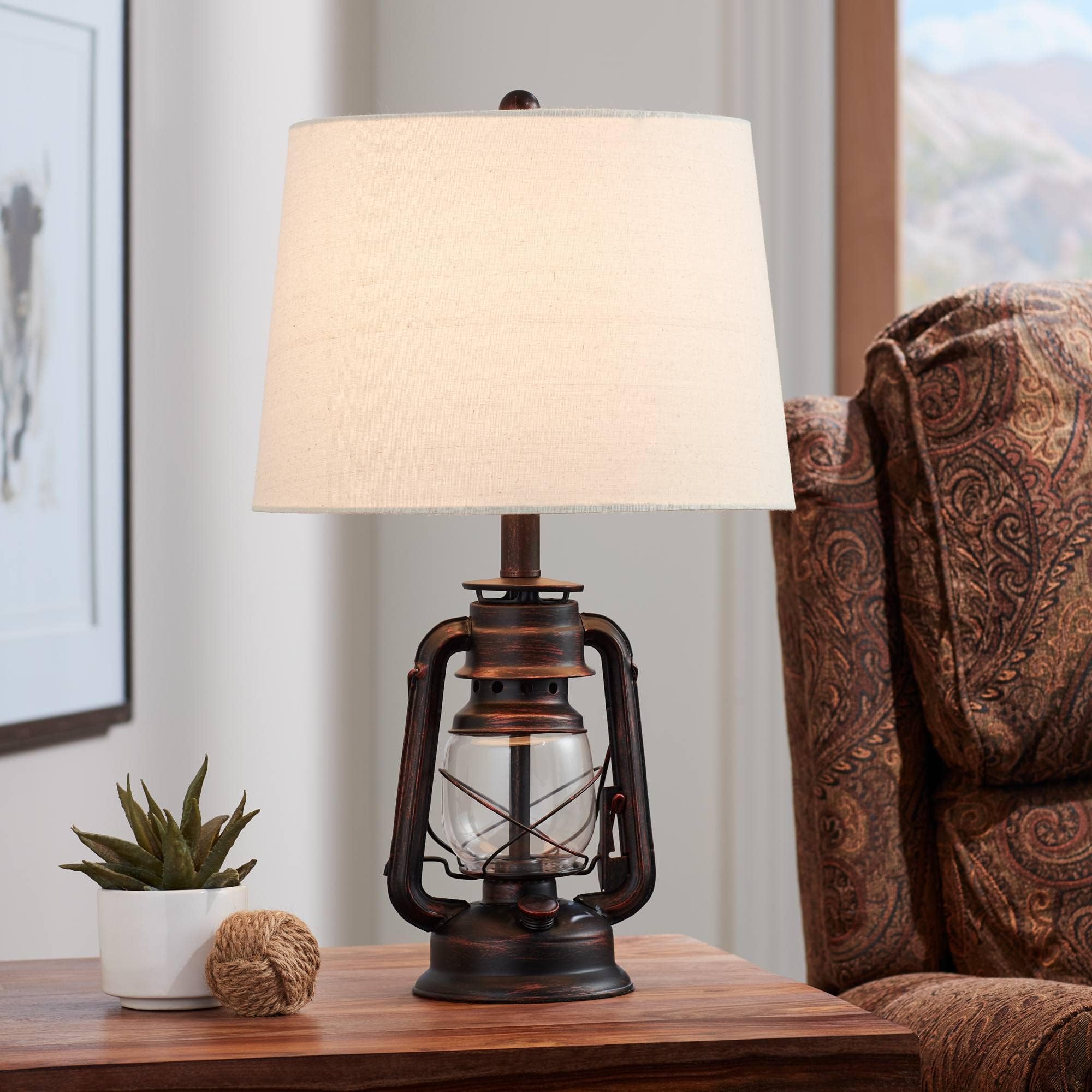 Murphy Rustic Industrial Accent Table Lamp Miner Lantern 23" High Red Bronze Clear Glass Oatmeal Fabric Drum Shade for Living Room Bedroom House Bedside Nightstand Home Office