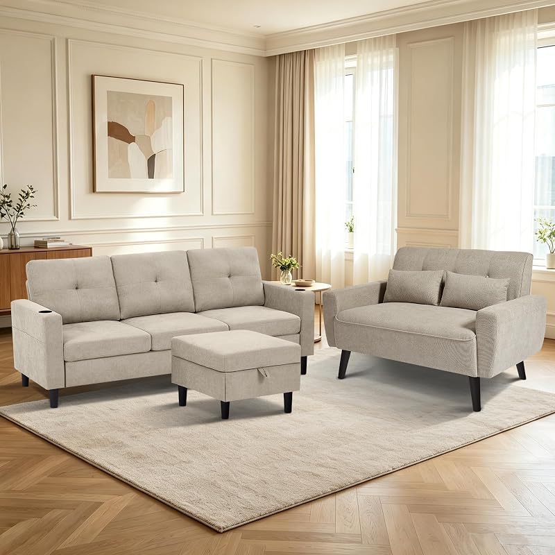 Soscana 2 Piece Convertible Sectional Sofa Set, 3-Seater L Shaped Couch with Storage Ottoman, Comfy Loveseat Couch, Polyester Fibre for Living Room, Apartment, Office, Beige image 7