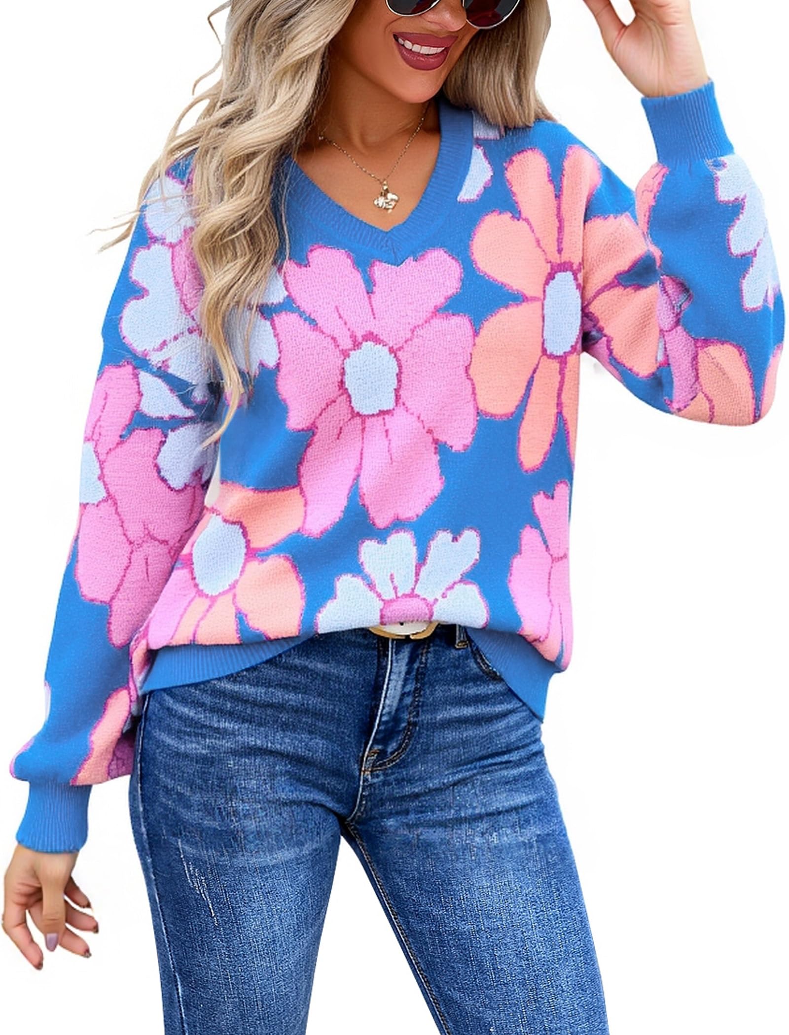 Angashion Womens Sweaters Flower Print - Crewneck Knitted Long Sleeve Sweaters Fall Winter Pullover Casual Top