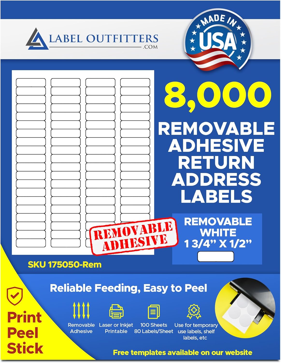 8,000 Label Outfitters 1.75” x .5” White Matte Removable Adhesive Return Address Labels – 100 Sheets